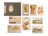 [ART AND ADVERTISING] A diverse assortment of ephemera including razor blades, advertising cards from the Chicago World's Fair, Murray's catalog of horse-drawn vehicles from 1912, red trading stamps, and more.