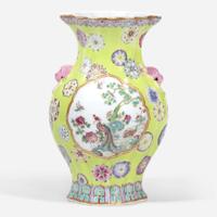 A finely-decorated chartreuse-ground lobed cabinet vase 粉彩黄绿地赏瓶 Qianlong six-character seal mark ?????