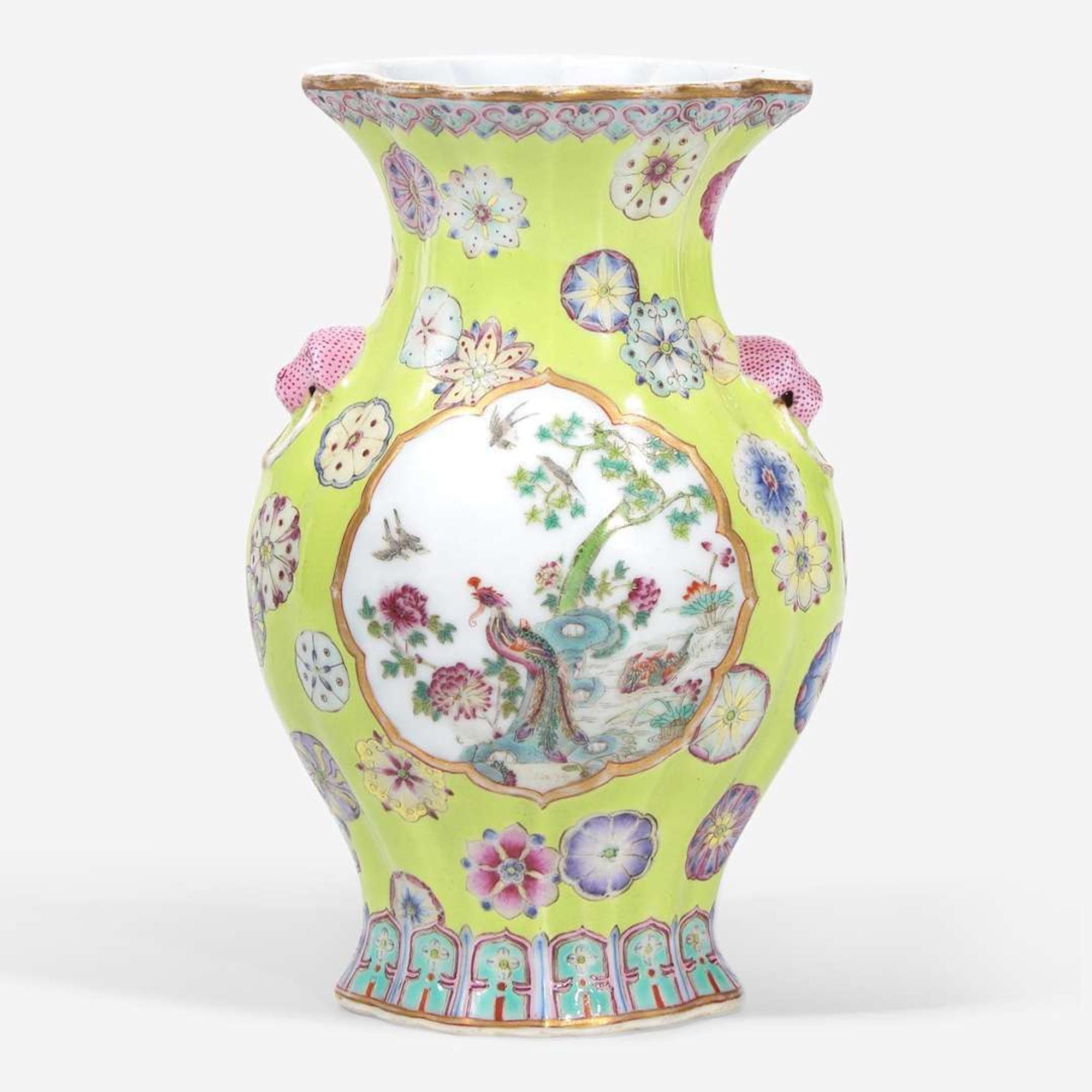 A finely-decorated chartreuse-ground lobed cabinet vase 粉彩黄绿地赏瓶 Qianlong six-character seal mark ?????