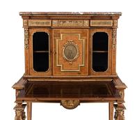 A Louis XVI Style Gilt Bronze Mounted Amaranth, Burr Maple and Kingwood Parquetry Marble-Top Bonheur du Jour