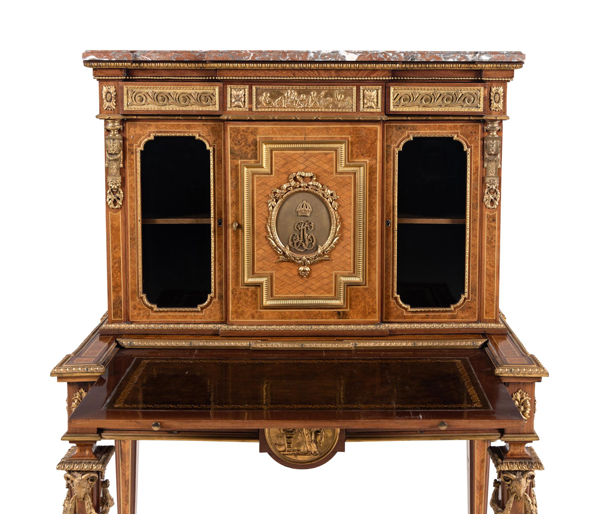 A Louis XVI Style Gilt Bronze Mounted Amaranth, Burr Maple and Kingwood Parquetry Marble-Top Bonheur du Jour