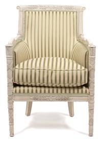 A Louis XVI Style Carved and Painted Bergere Height 27 x width 25 1/2 x depth 24 inches. — 19TH CENTURY