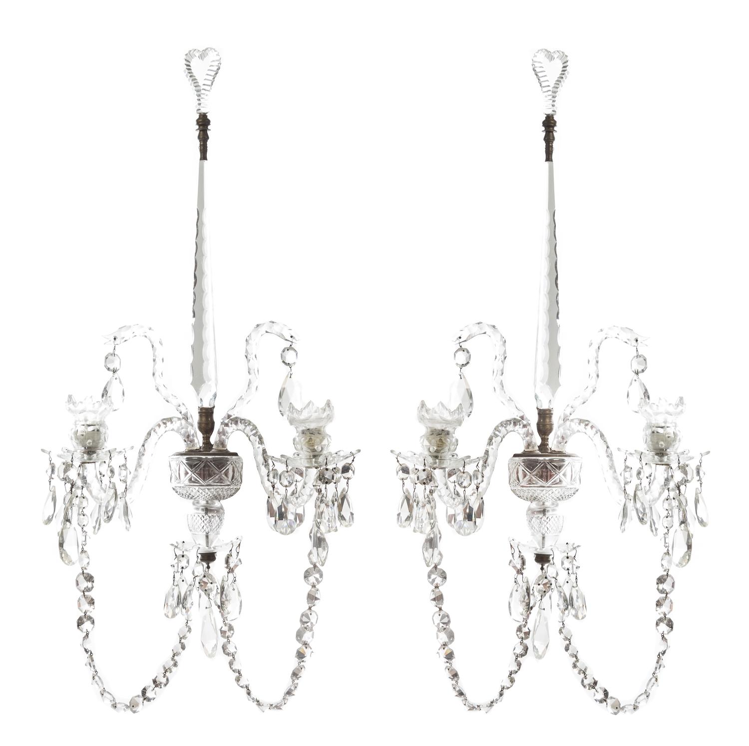 A Pair of George III Cut Glass Two-Light Sconces Height 27 inches. — CIRCA 1800