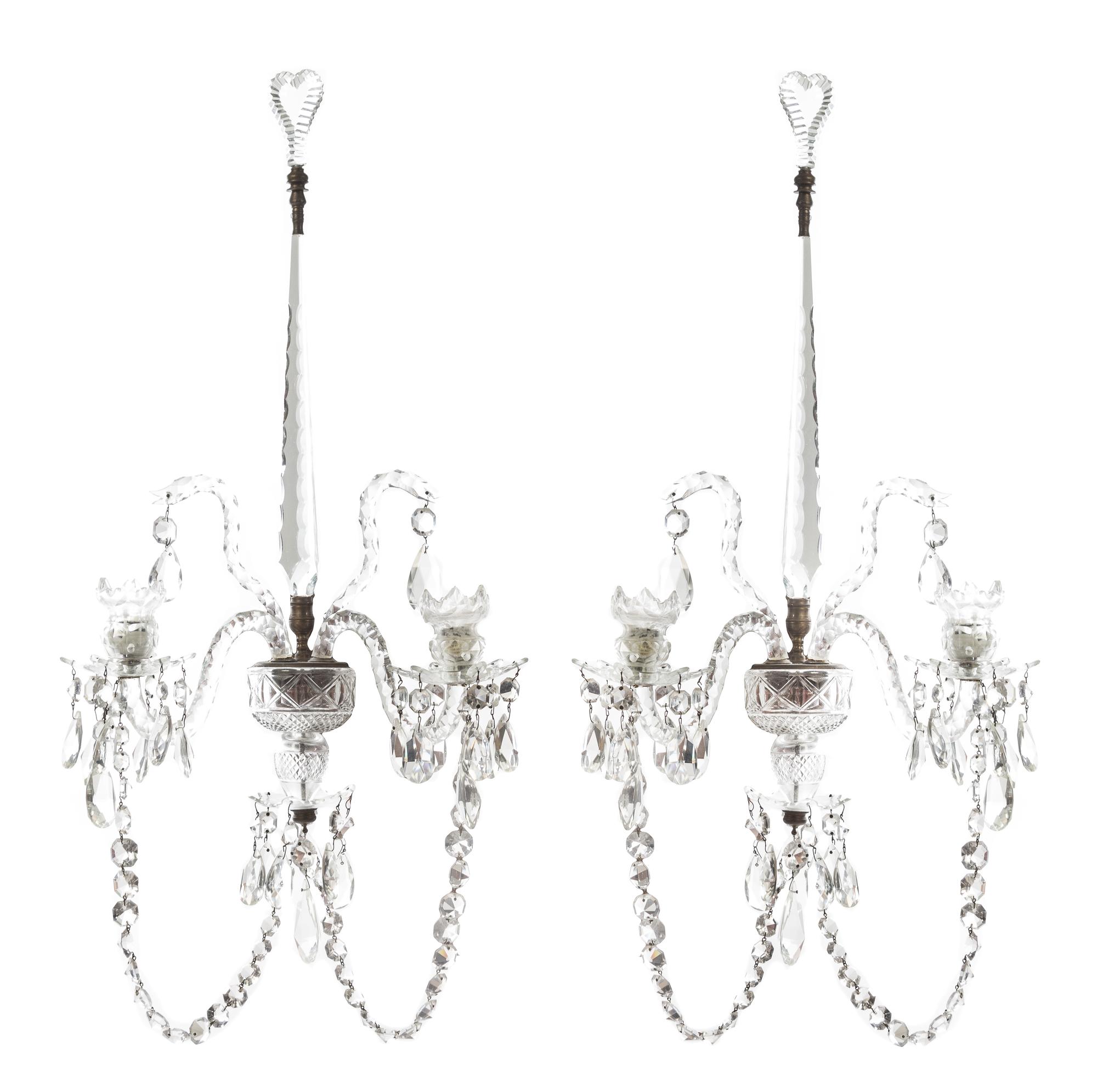 A Pair of George III Cut Glass Two-Light Sconces Height 27 inches. — CIRCA 1800