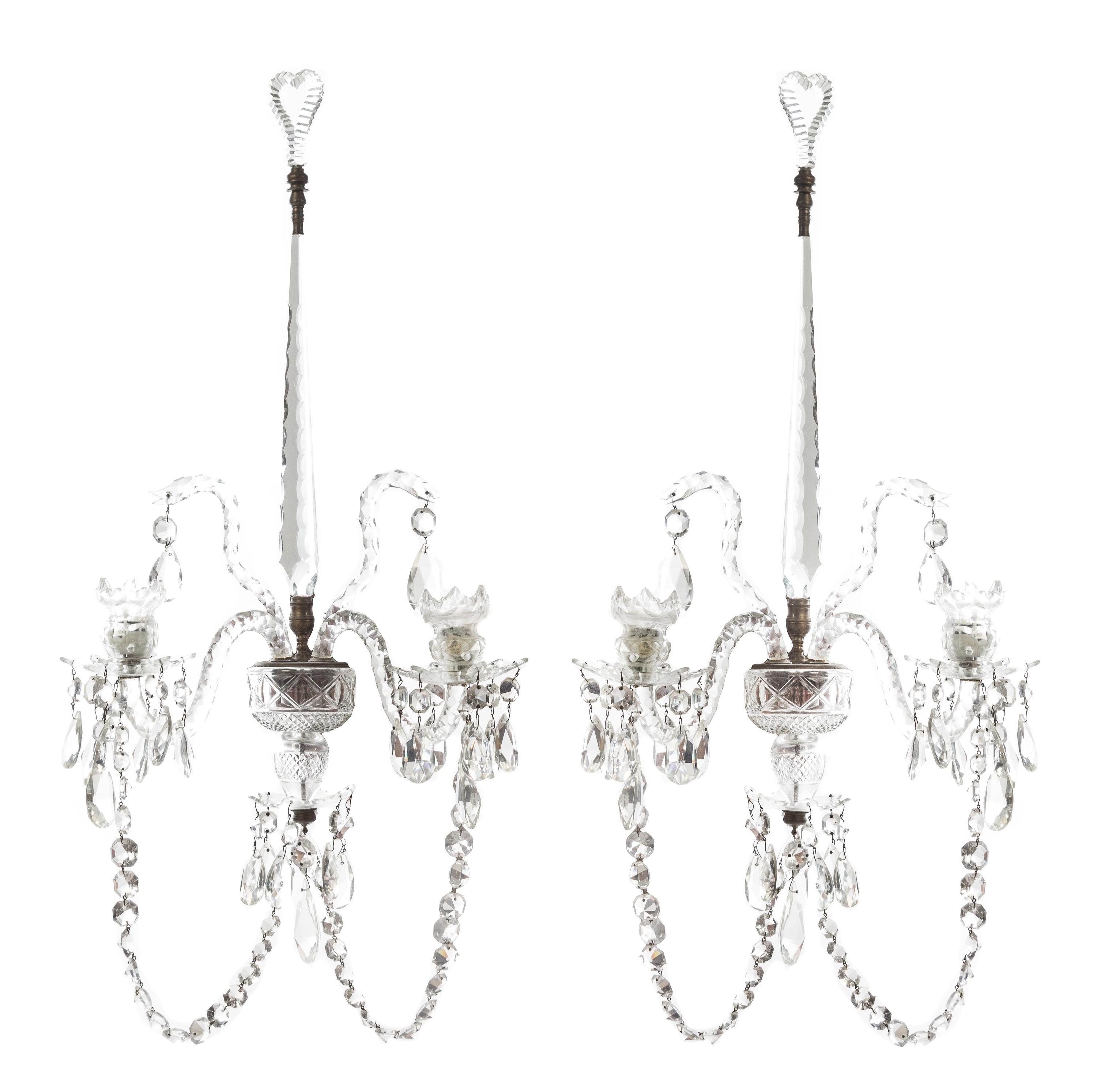 A Pair of George III Cut Glass Two-Light Sconces Height 27 inches. — CIRCA 1800
