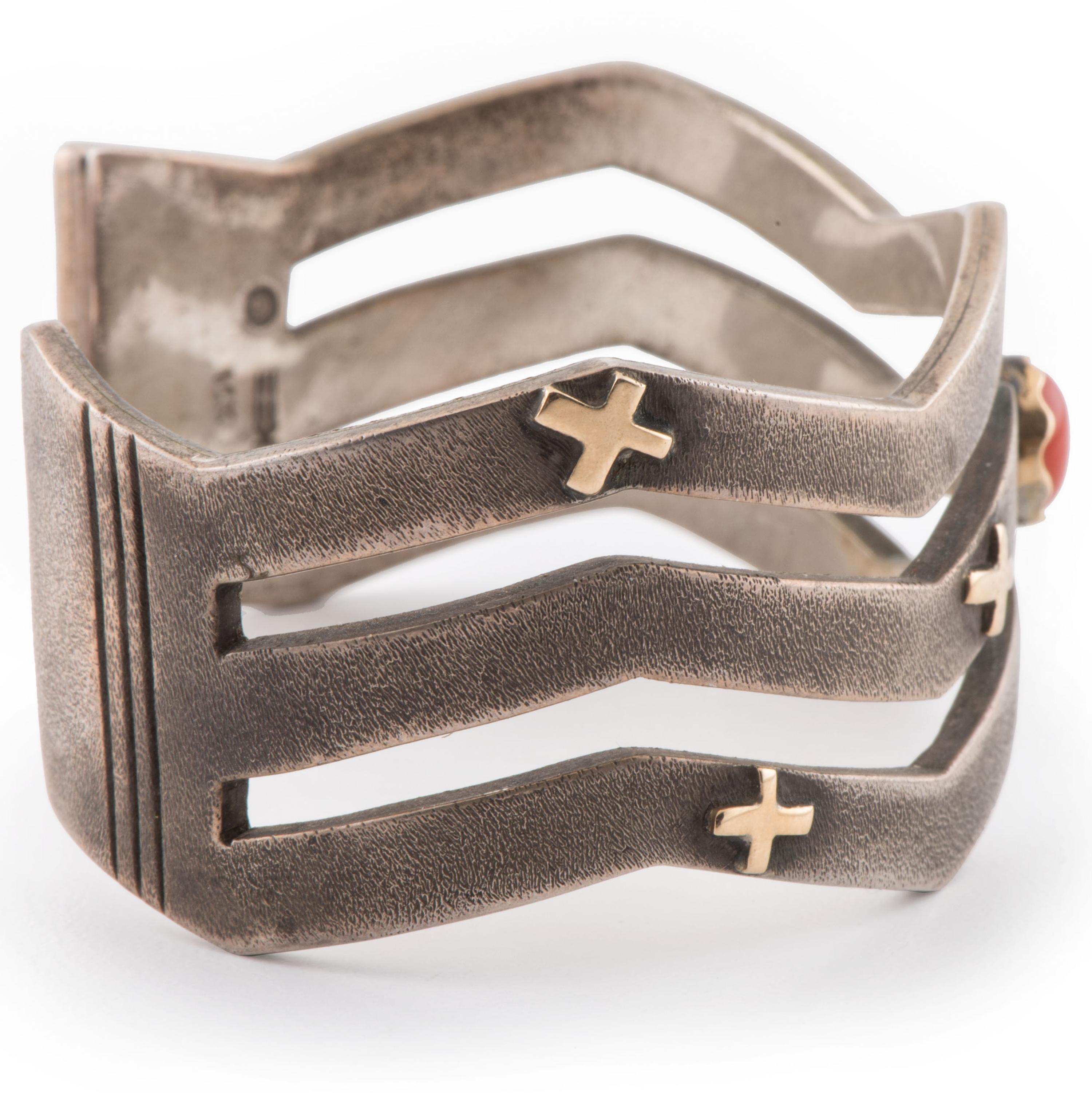 Silver Cuff Bracelet Accented with 14k Gold and Coral