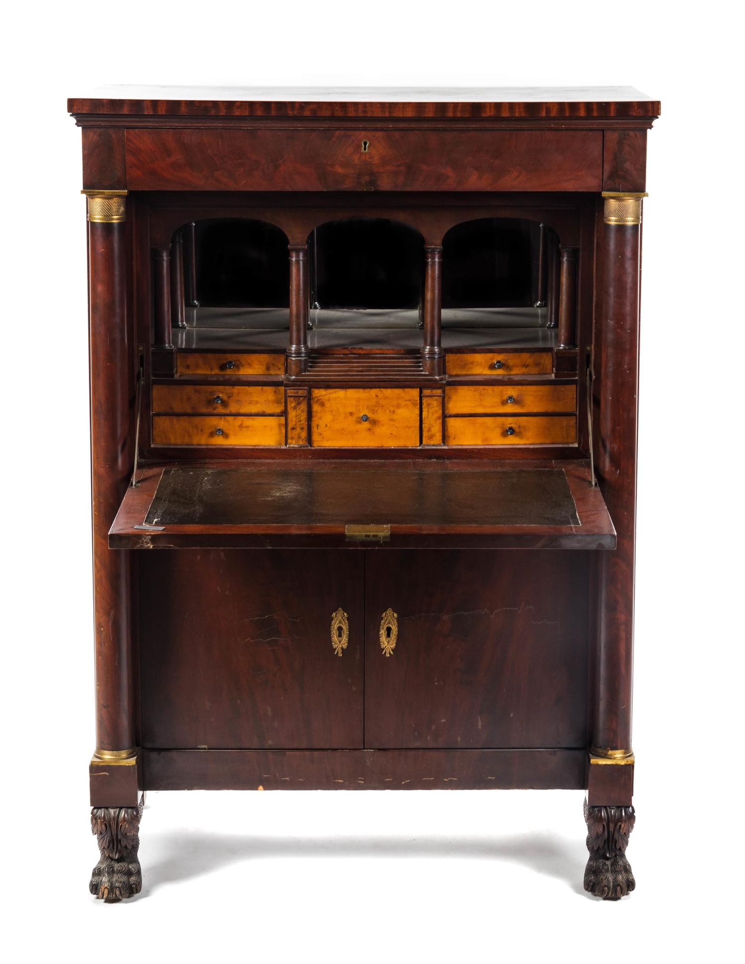An Empire Gilt Metal Mounted Secretaire a Abbattant Height 55 x width 39 x depth 20 inches. — 19TH CENTURY