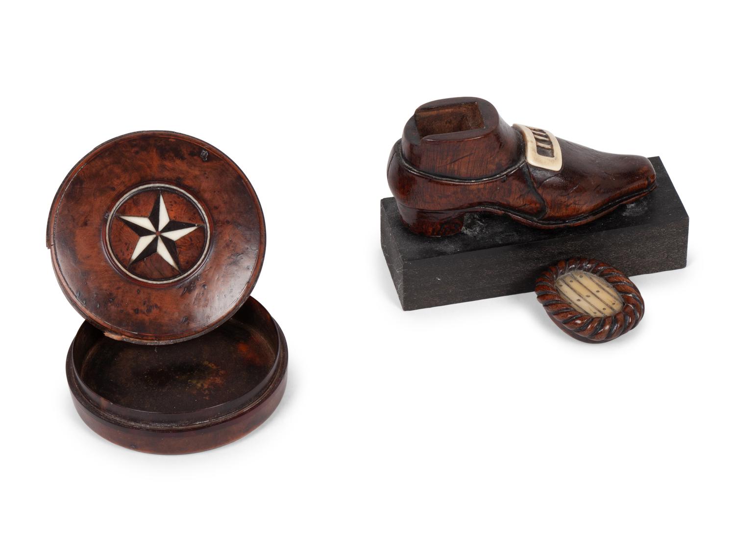 A Group of 8 Folk Art Carved Snuff Boxes and Pipe Stems