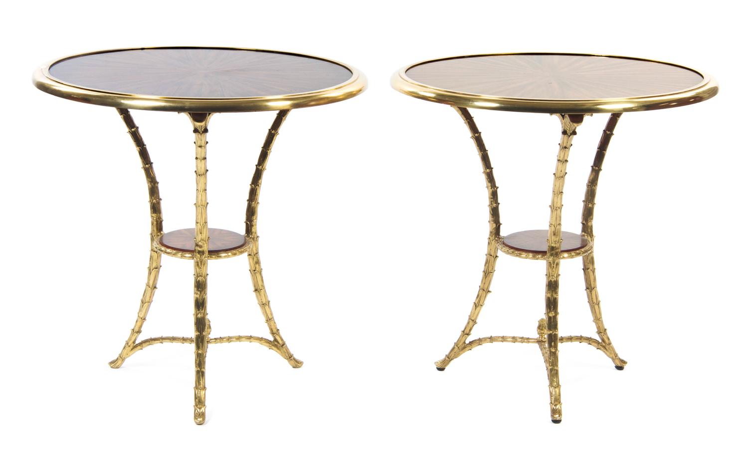 A Pair of Regency Style Brass Mounted Gueridons, Height 28 3/8 x diameter 28 inches.