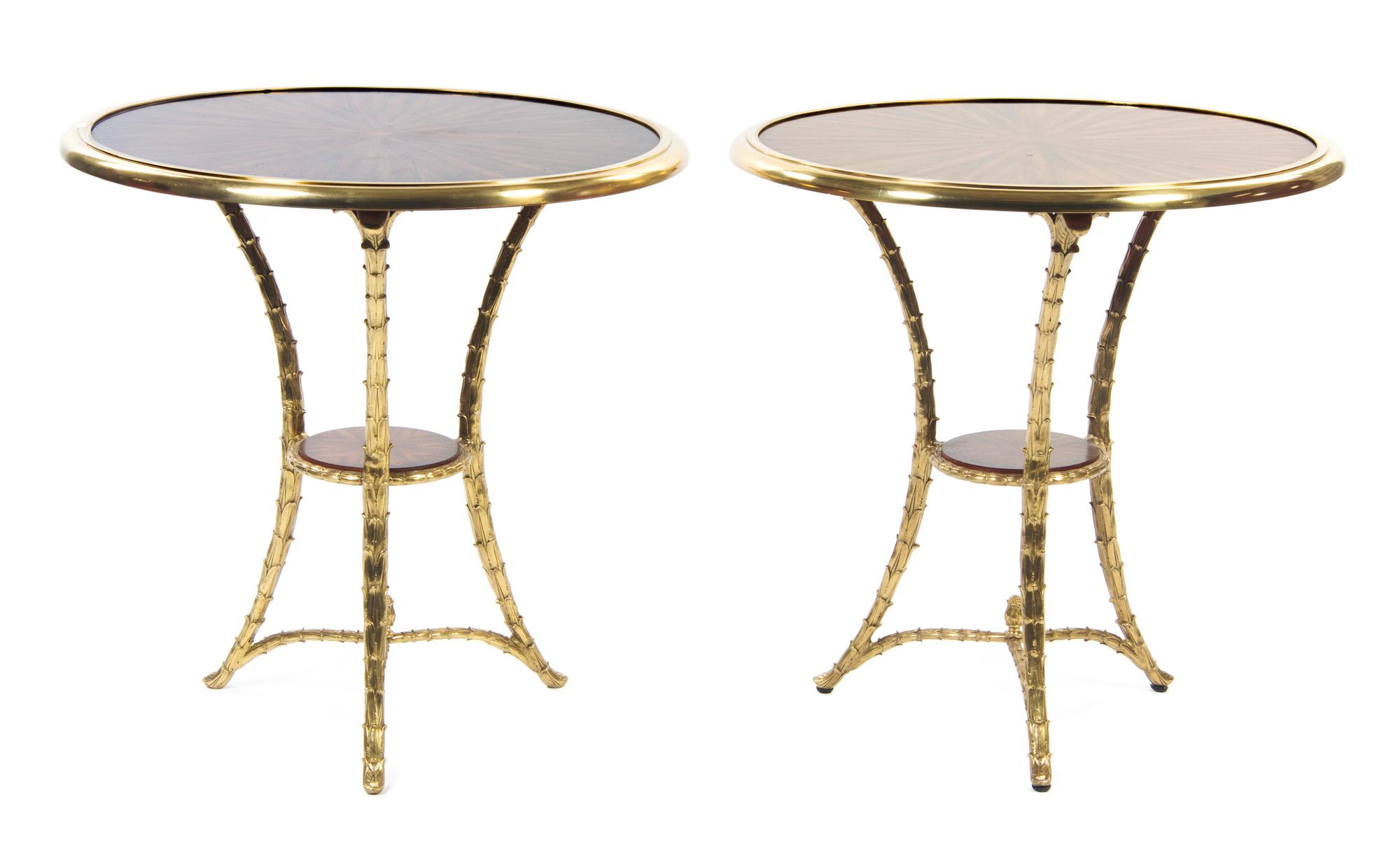 A Pair of Regency Style Brass Mounted Gueridons, Height 28 3/8 x diameter 28 inches.