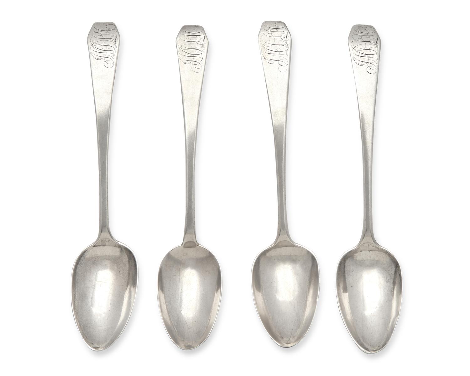 A Group of Four Federal Silver Coffin-End Tablespoons Associated with John M. De La Montagne, By William Garret Forbes (1751-1840), New York, NY, Circa 1800
