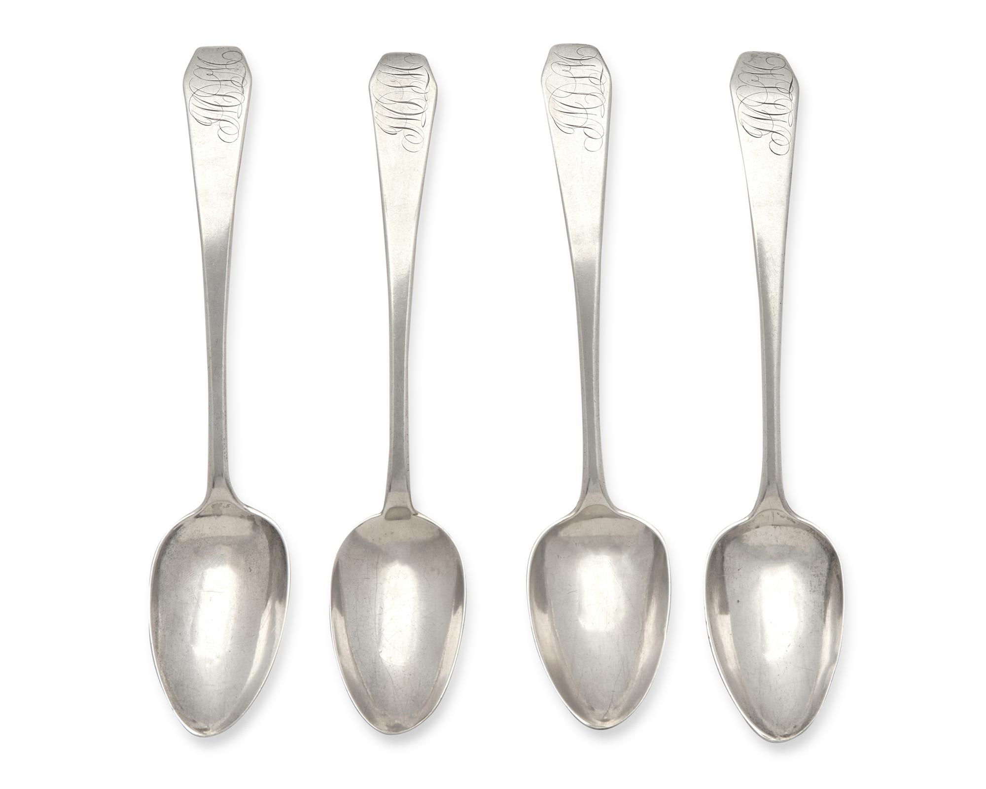 A Group of Four Federal Silver Coffin-End Tablespoons Associated with John M. De La Montagne, By William Garret Forbes (1751-1840), New York, NY, Circa 1800
