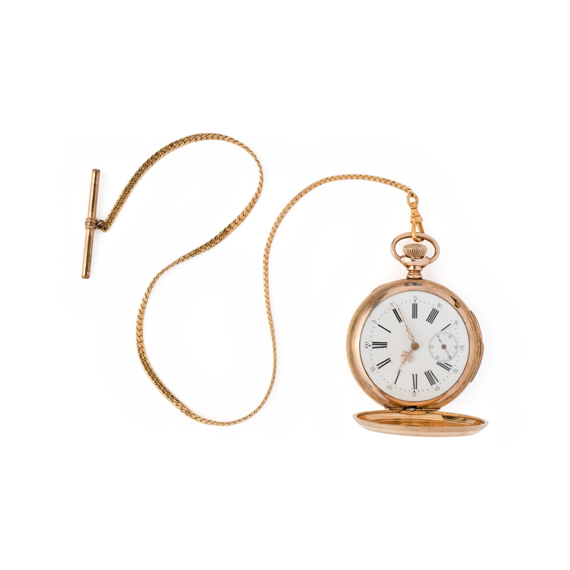 GOLD-FILLED QUARTER REPEATER HUNTER CASE POCKET WATCH AND FOB CHAIN