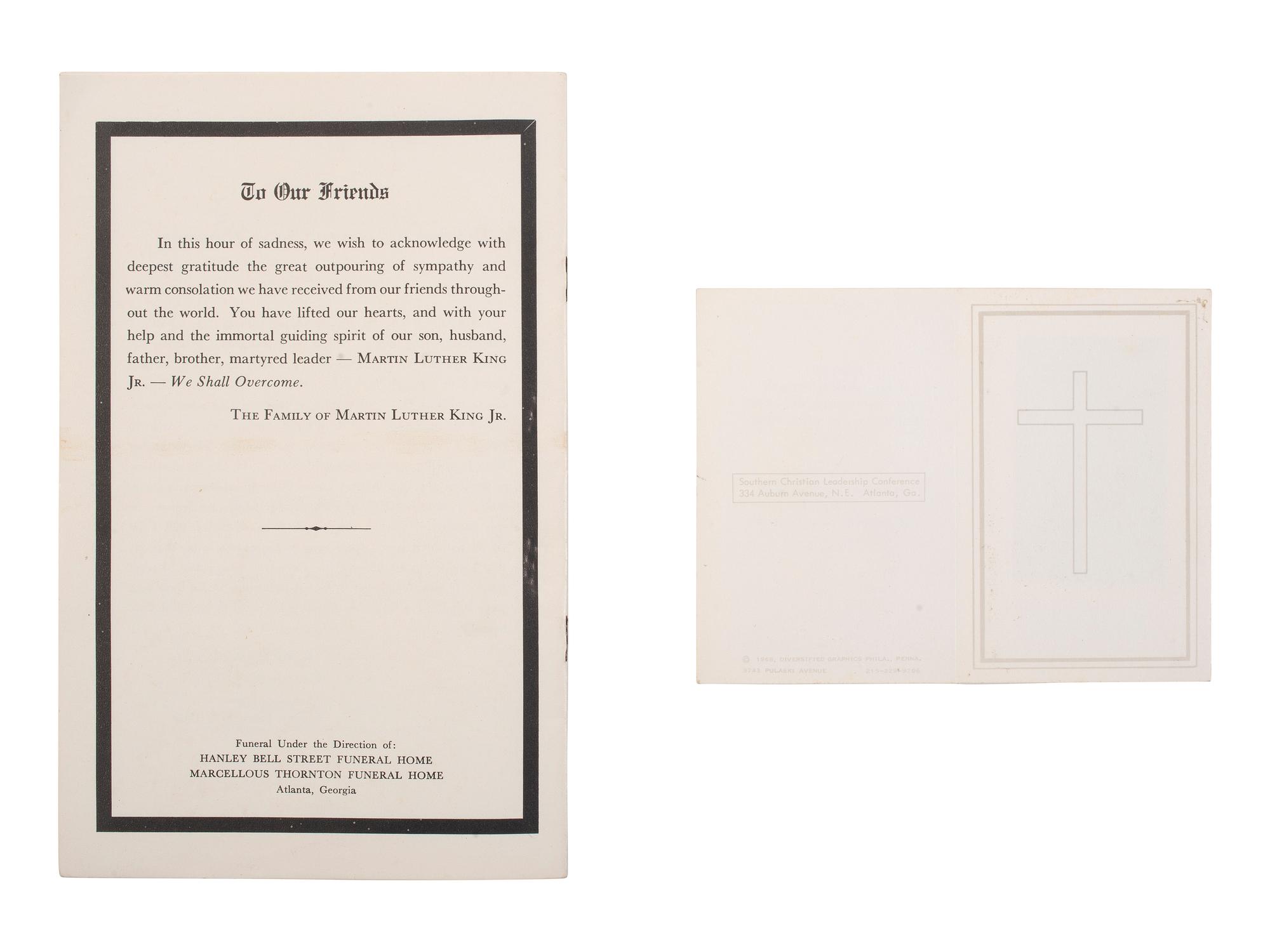 [KING, Martin Luther, Jr. (1929-1968)]. Obsequies Martin Luther King Jr. [Atlanta]: n.p., 1968. [ With: ] Funeral card.