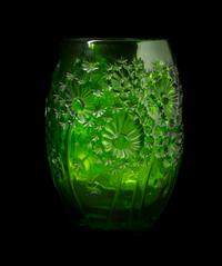 A Lalique Molded and Frosted Green Glass Vase, Height 7 inches.