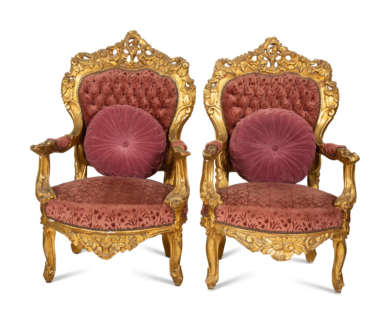 A Pair of Italian Rococo Style Giltwood Armchairs