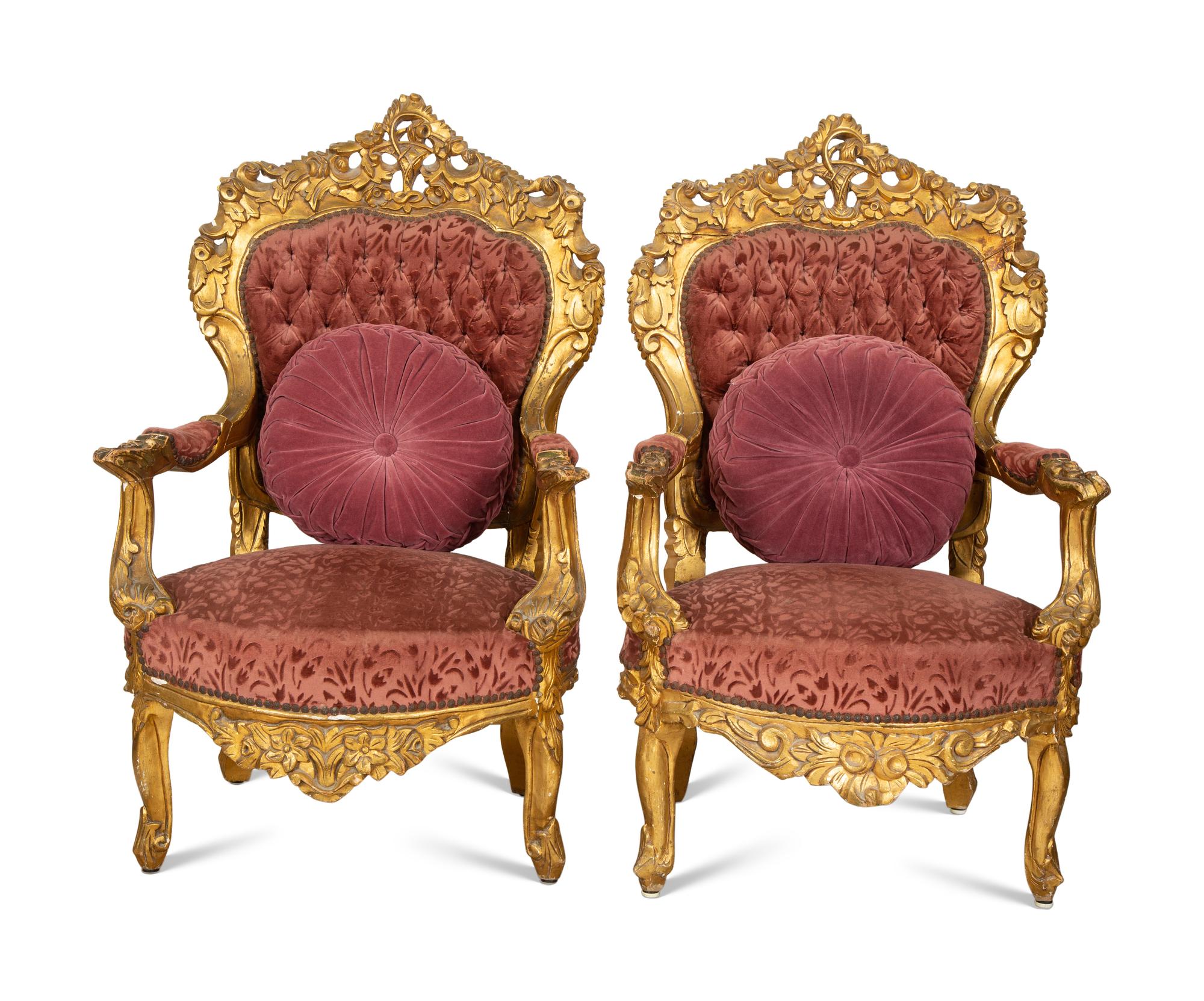 A Pair of Italian Rococo Style Giltwood Armchairs