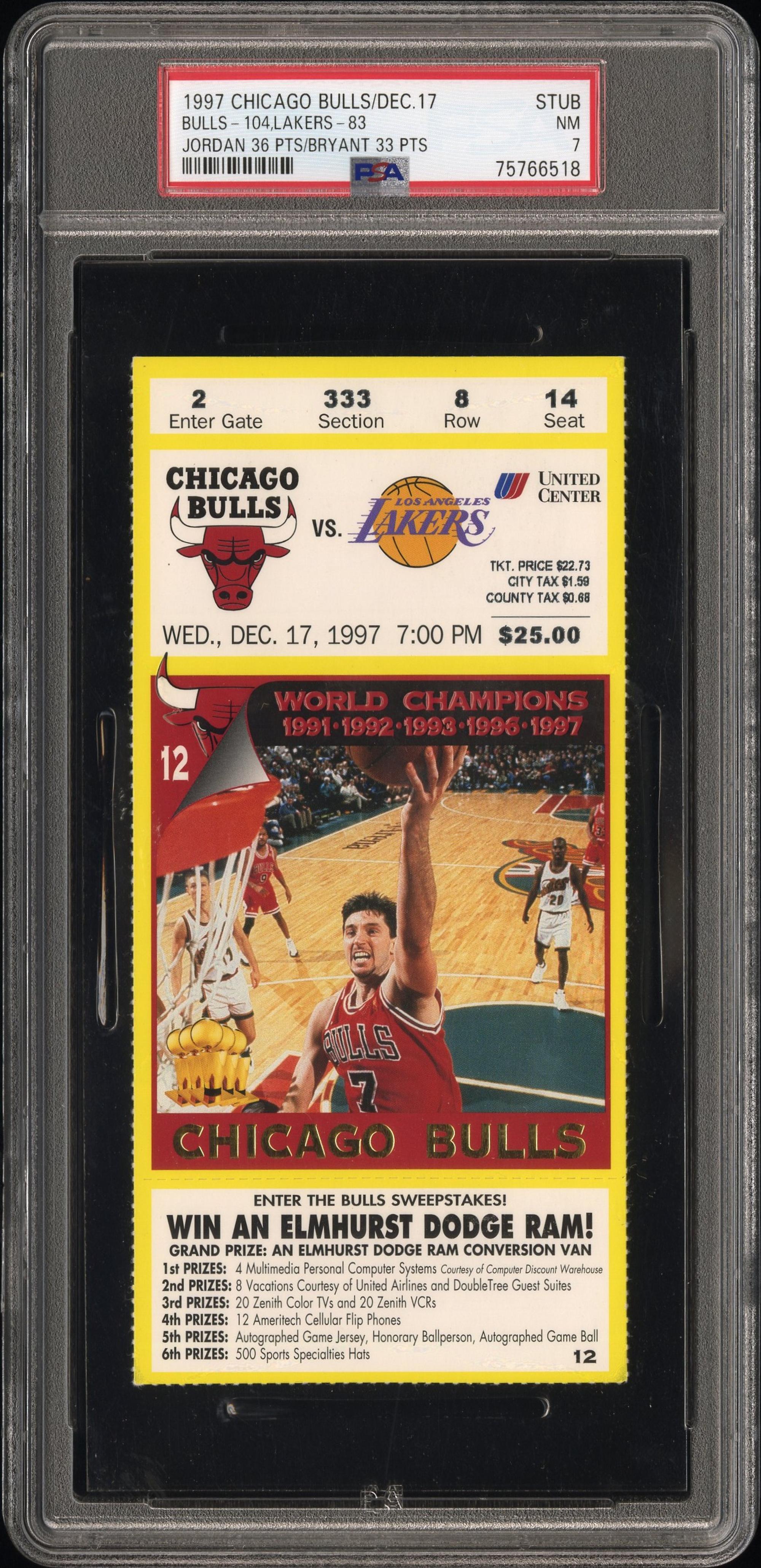 A December 17, 1997 Chicago Bulls vs Los Angeles Lakers Ticket Stub / Jordan vs. Kobe Duel / Jordan 36 Pts. / Bryant 33 Pts. (PSA 7 NM, POP 2, None Higher)