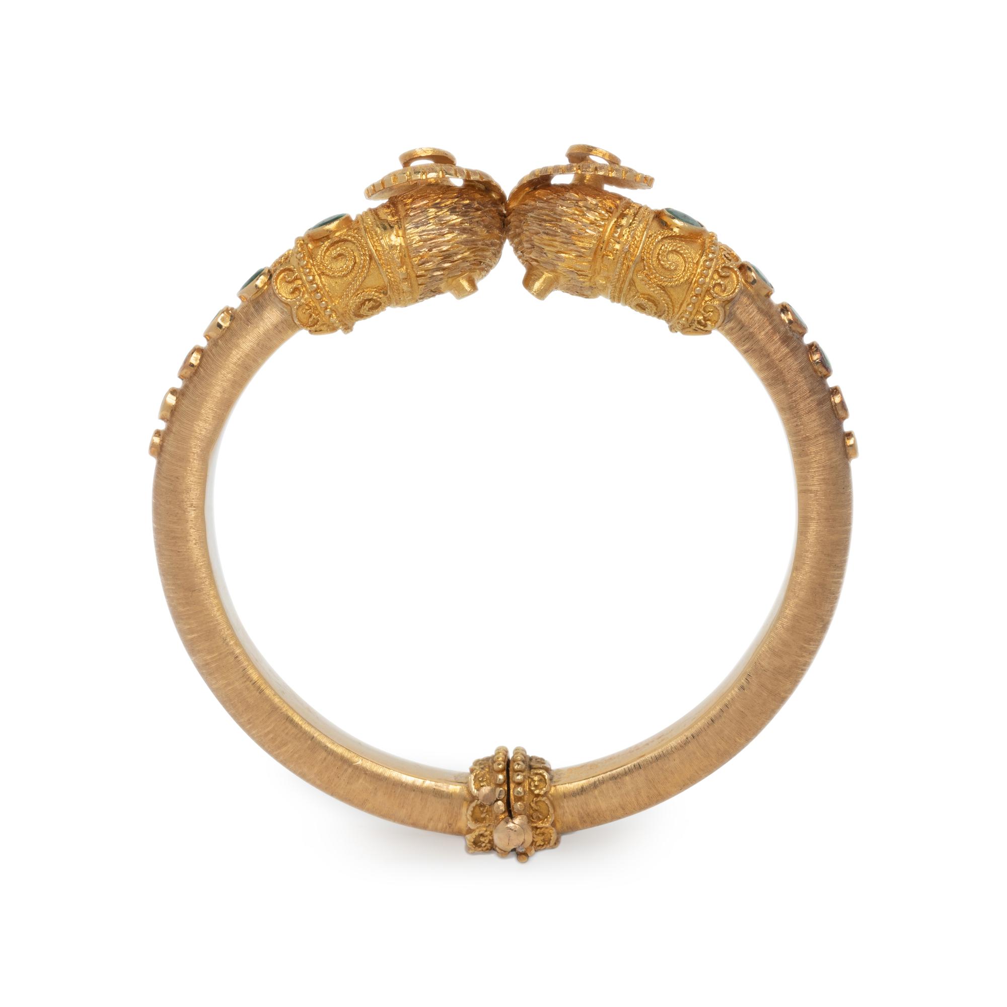 GREEK, YELLOW GOLD, EMERALD, AND RUBY RAM'S HEAD CUFF BRACELET