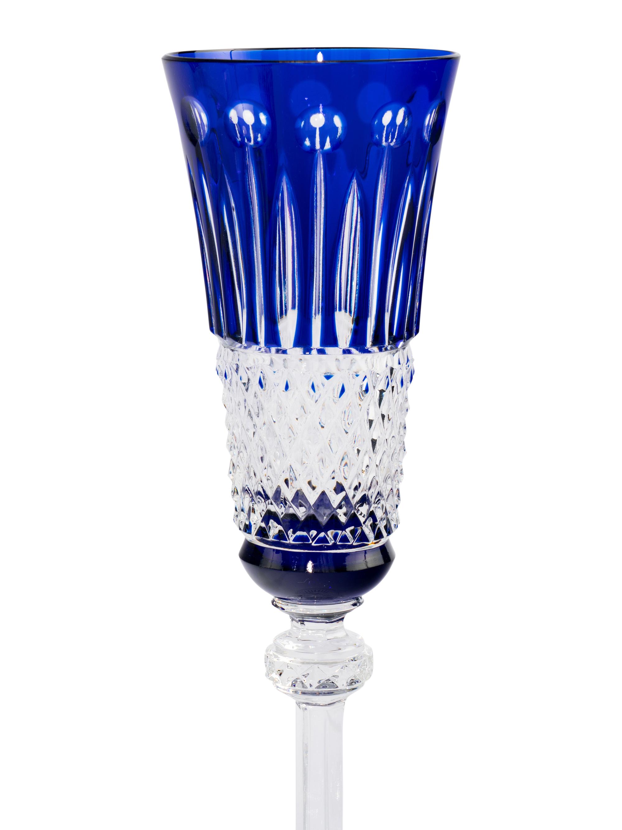 A Set of Fifteen Saint-Louis Cobalt Cut-to-Clear Champagne Flutes