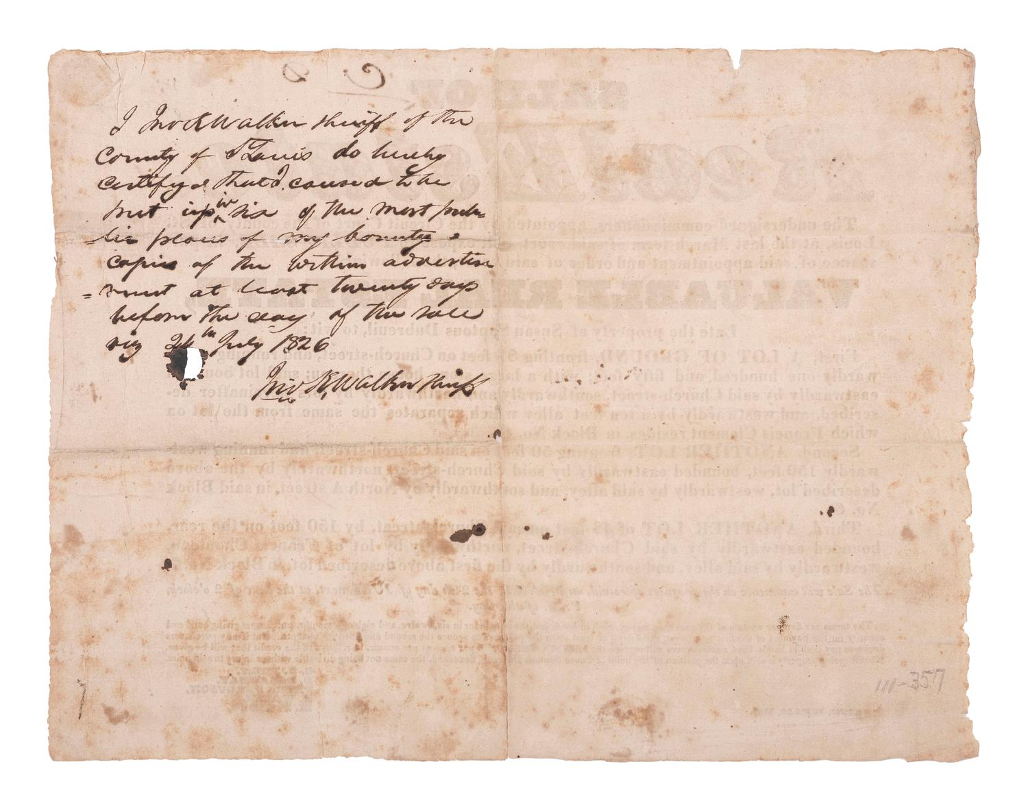 [WESTERN AMERICANA]. Sale of Real Estate broadside describing property belonging to Susan Santous Dubreuil, the widow of St. Louis pioneer Louis Chauvet Dubreuil. St. Louis, 20 June 1826.