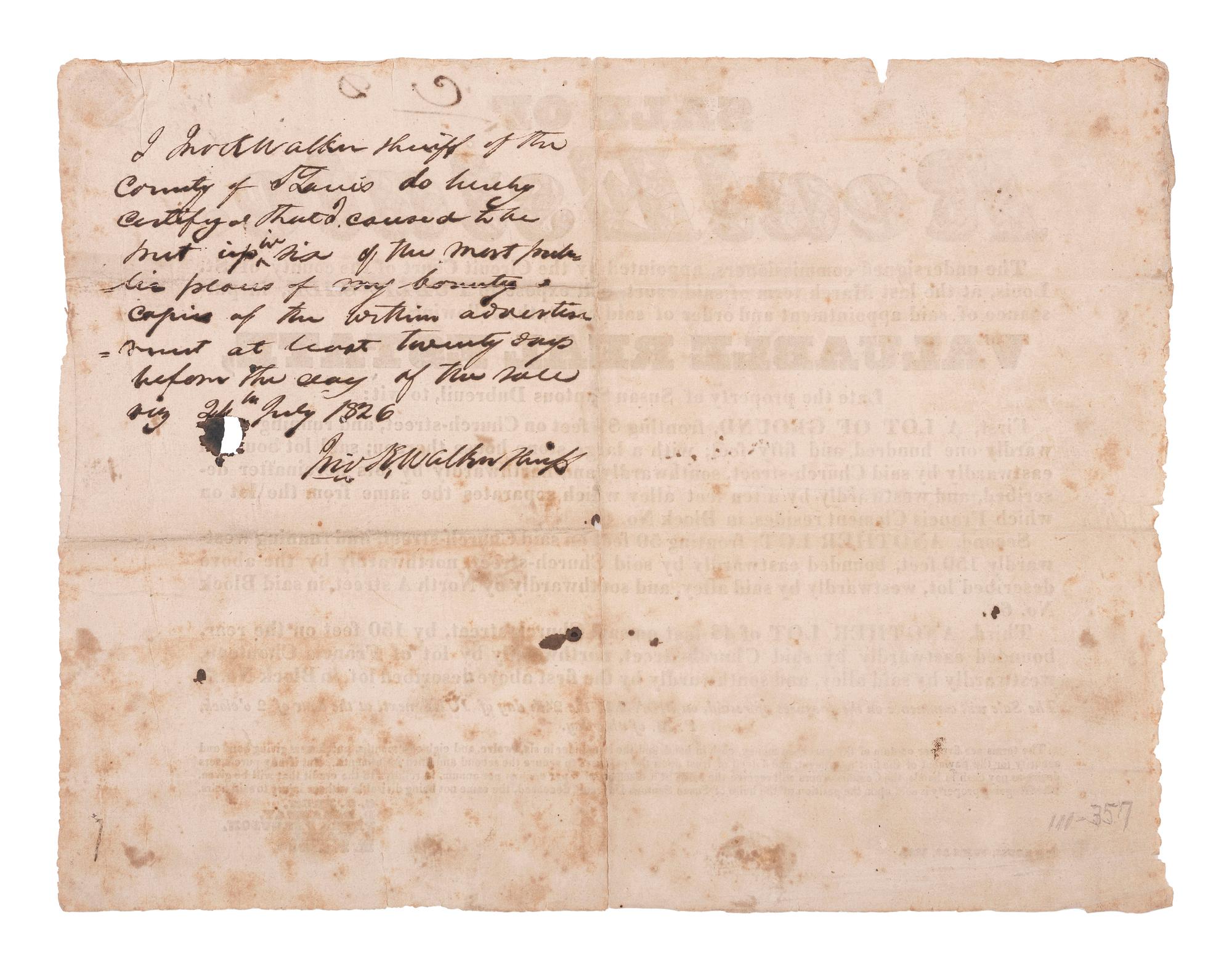 [WESTERN AMERICANA]. Sale of Real Estate broadside describing property belonging to Susan Santous Dubreuil, the widow of St. Louis pioneer Louis Chauvet Dubreuil. St. Louis, 20 June 1826.