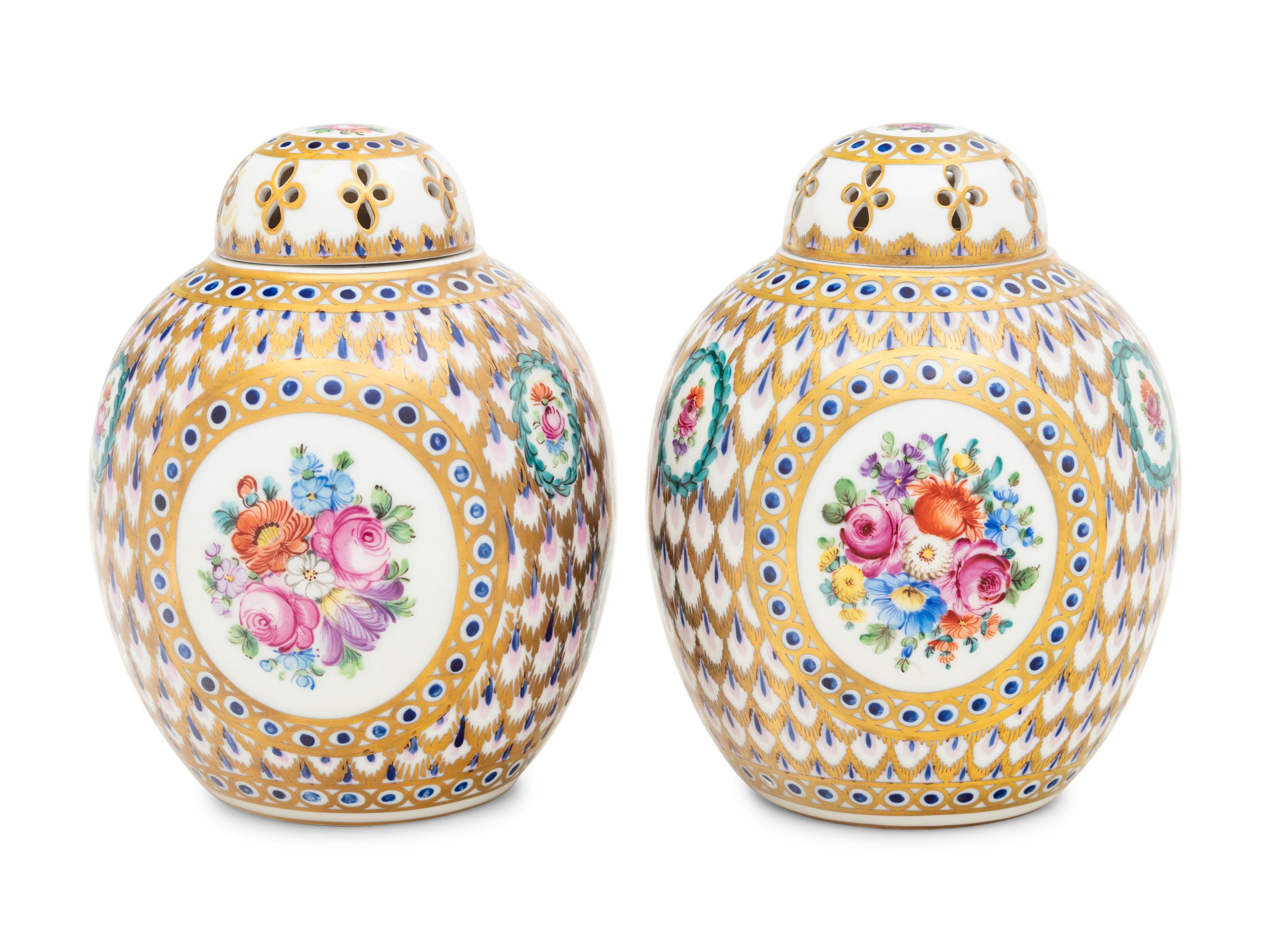 A Pair of Dresden Porcelain Covered Jars