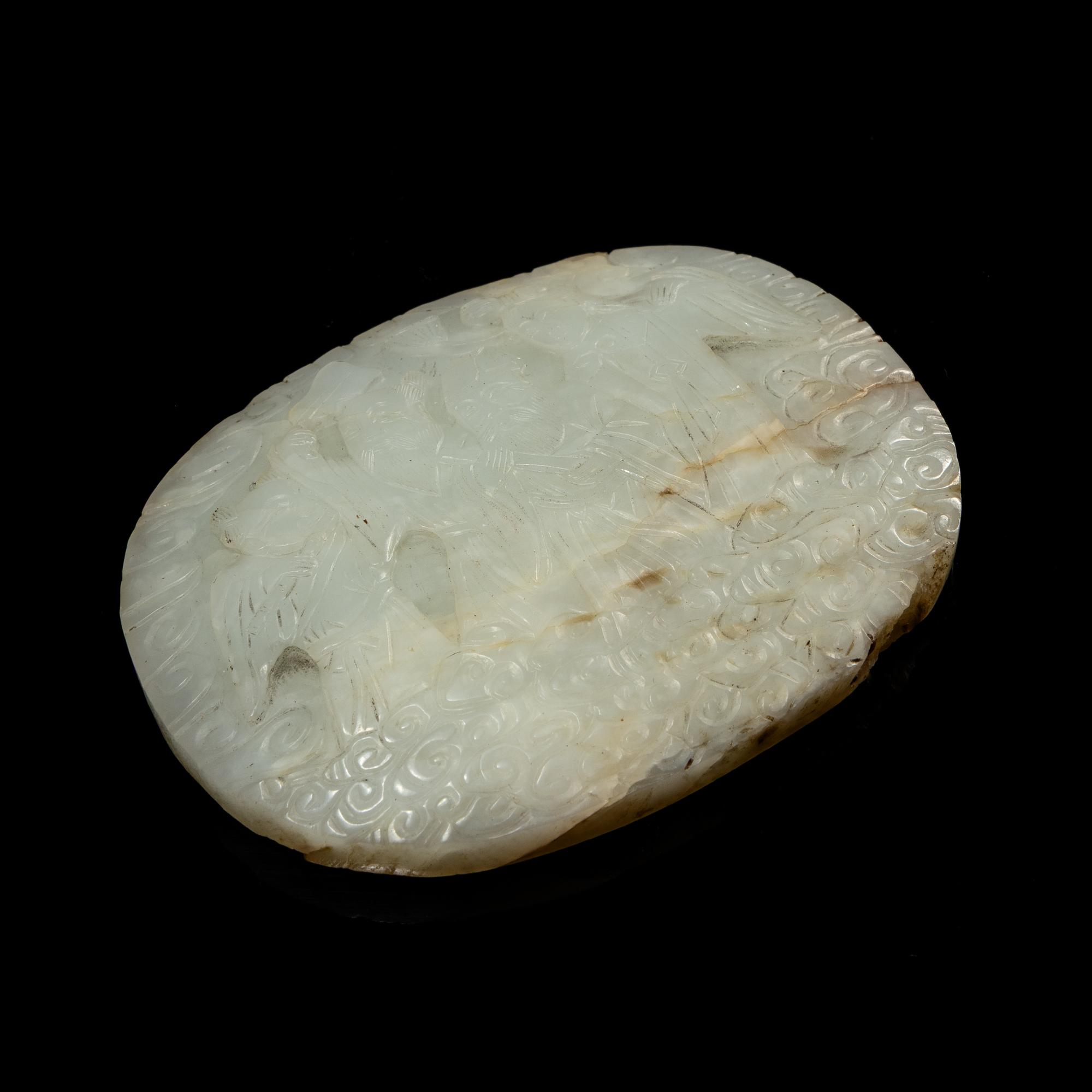 A Chinese Pale Celadon Jade 'Immortals' Pebble, Late 19th-Mid 20th Century 晚清-民國 青白玉刻神仙圖如意頭