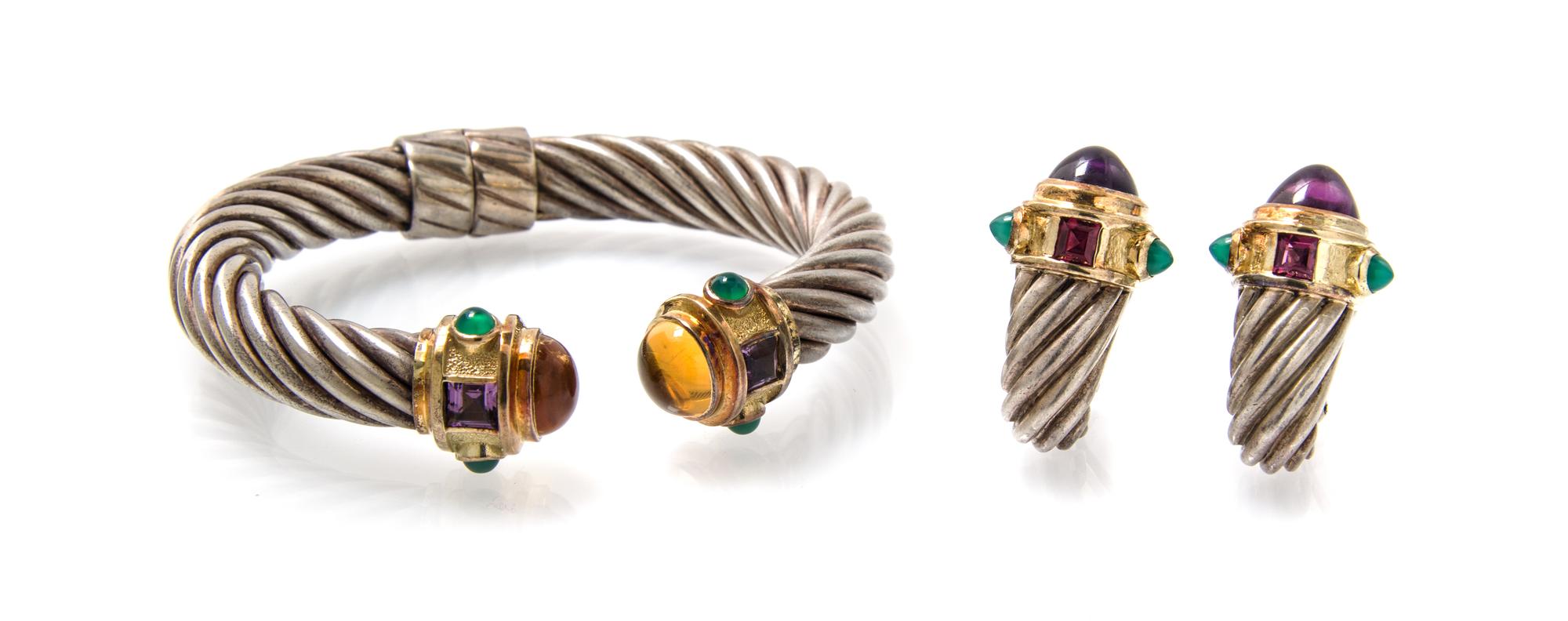 A Sterling Silver, 14 Karat Yellow Gold, Citrine, Emerald and Amethyst Demi Parure, David Yurman, 45.40 dwts.