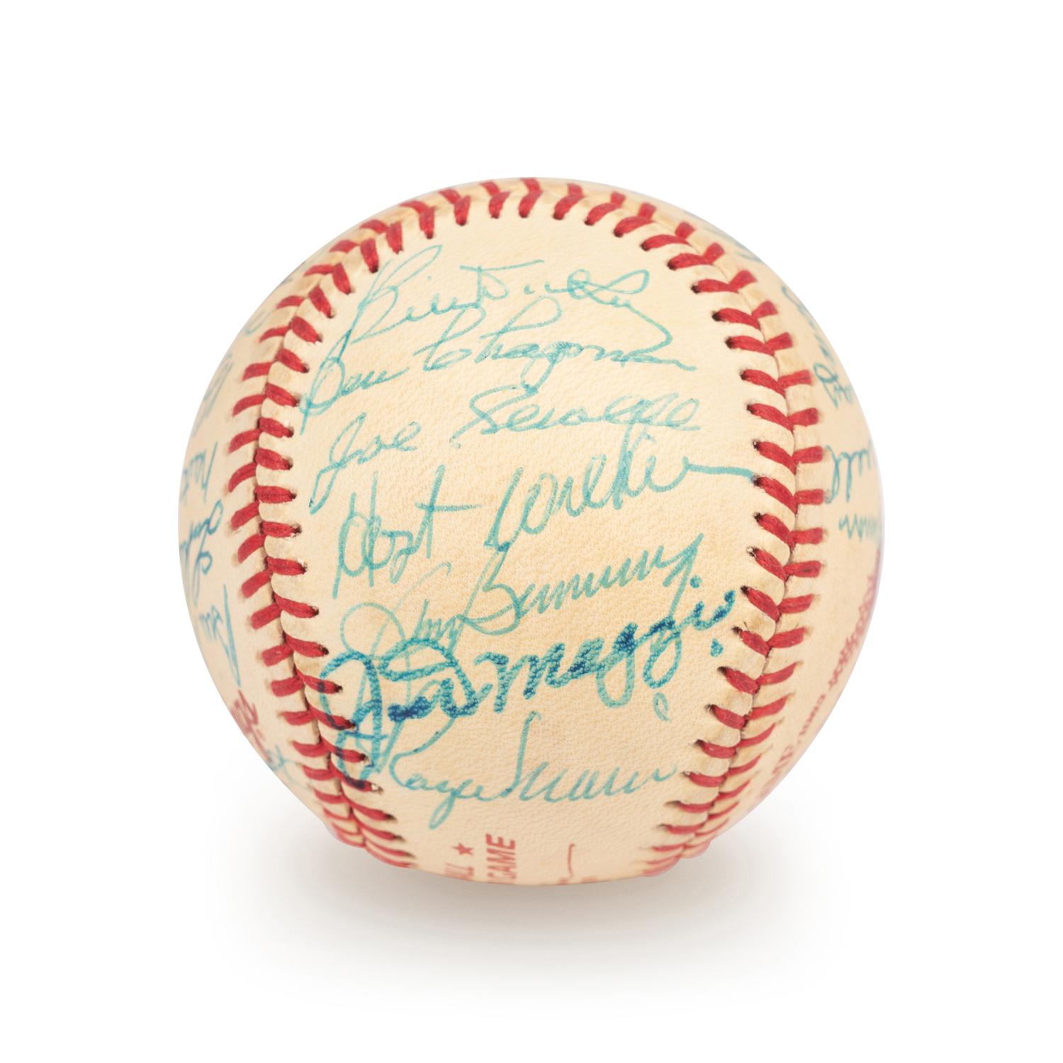 A 1983 Old Timers Game American League Team Signed Autograph Baseball With 26 Signatures Featuring Joe DiMaggio and Roger Maris (Beckett Authentication Services Letter BAS Certified),