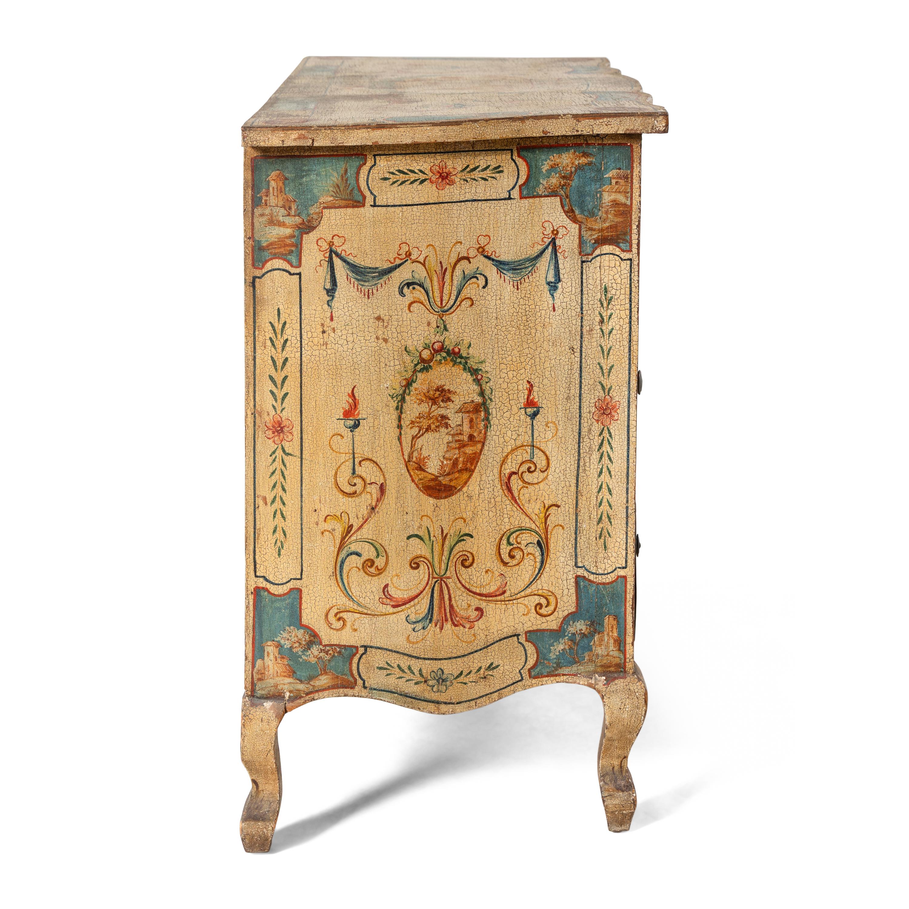 A Pair of Italian Neoclassical Painted Serpentine Chests of Drawers