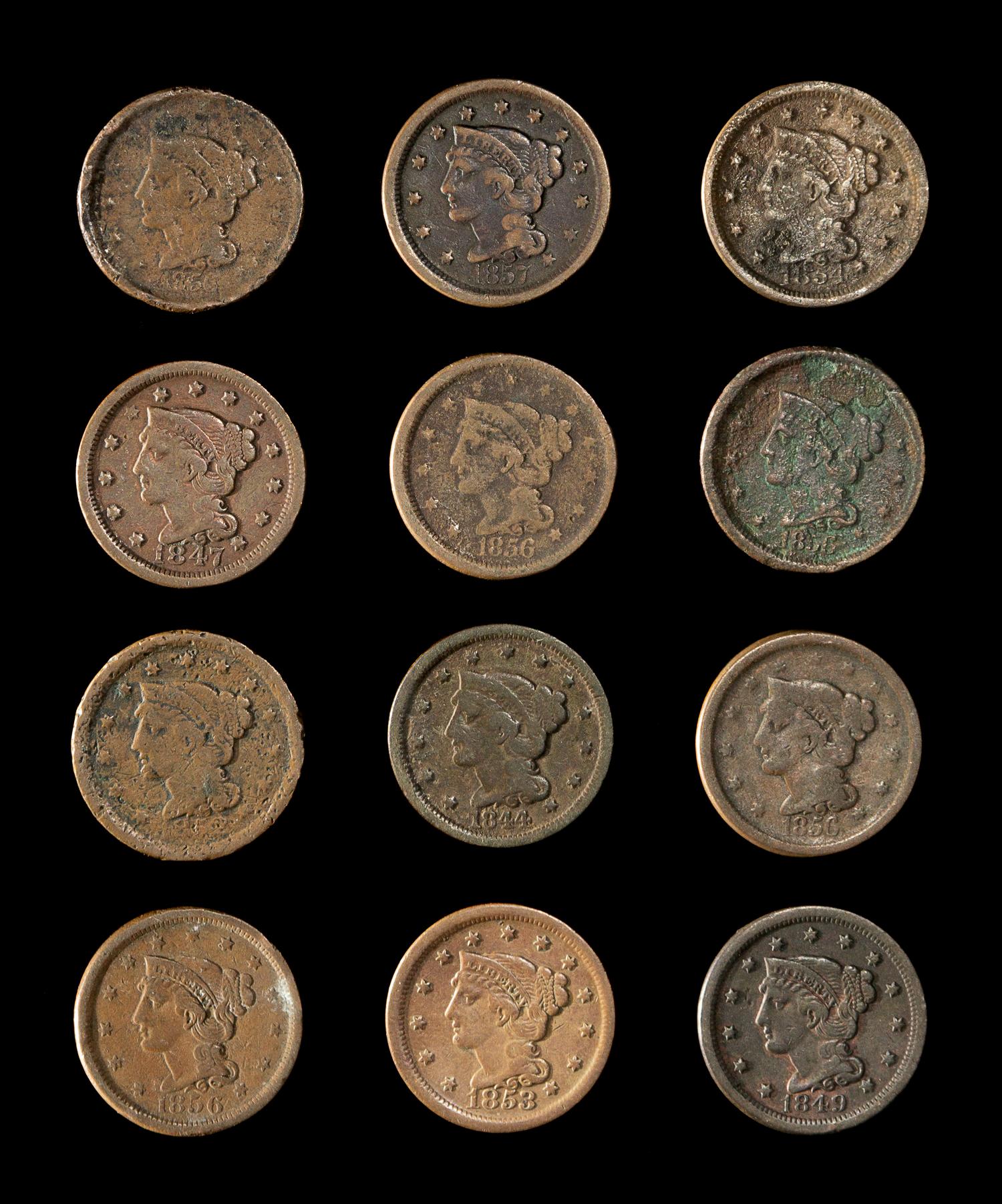 A Collection of Twelve United States Braided Hair 1c Coins
