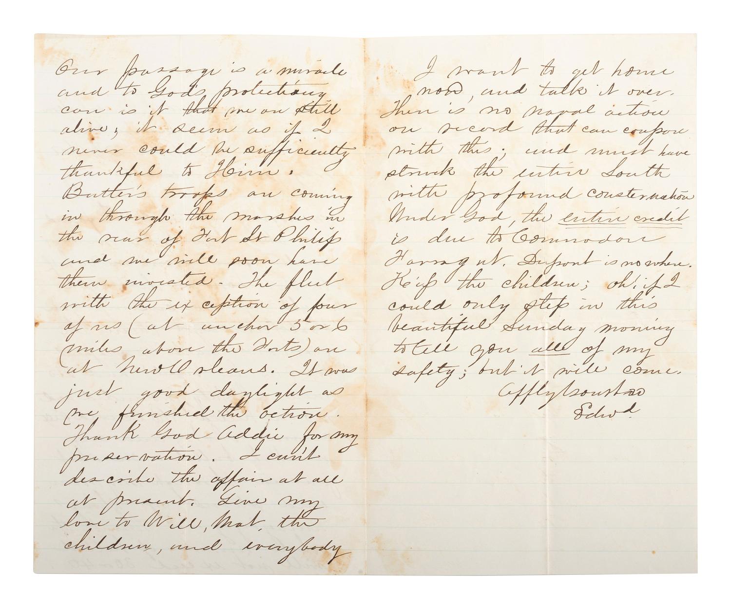 [CIVIL WAR - NAVY]. A group of 2 documents written by Officer Edward Potter with Vicksburg and Forts Philip & Jackson content, comprising: