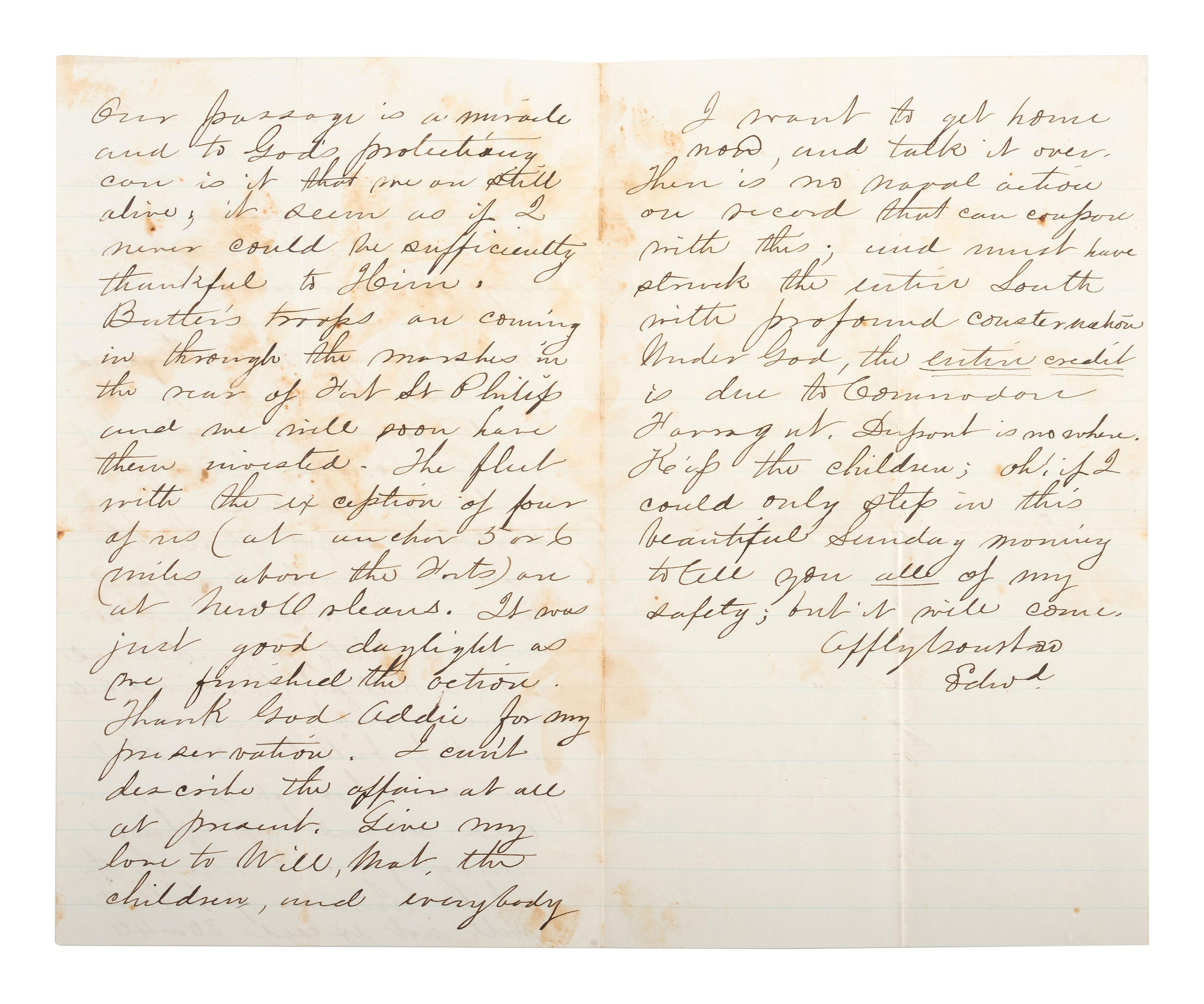 [CIVIL WAR - NAVY]. A group of 2 documents written by Officer Edward Potter with Vicksburg and Forts Philip & Jackson content, comprising: