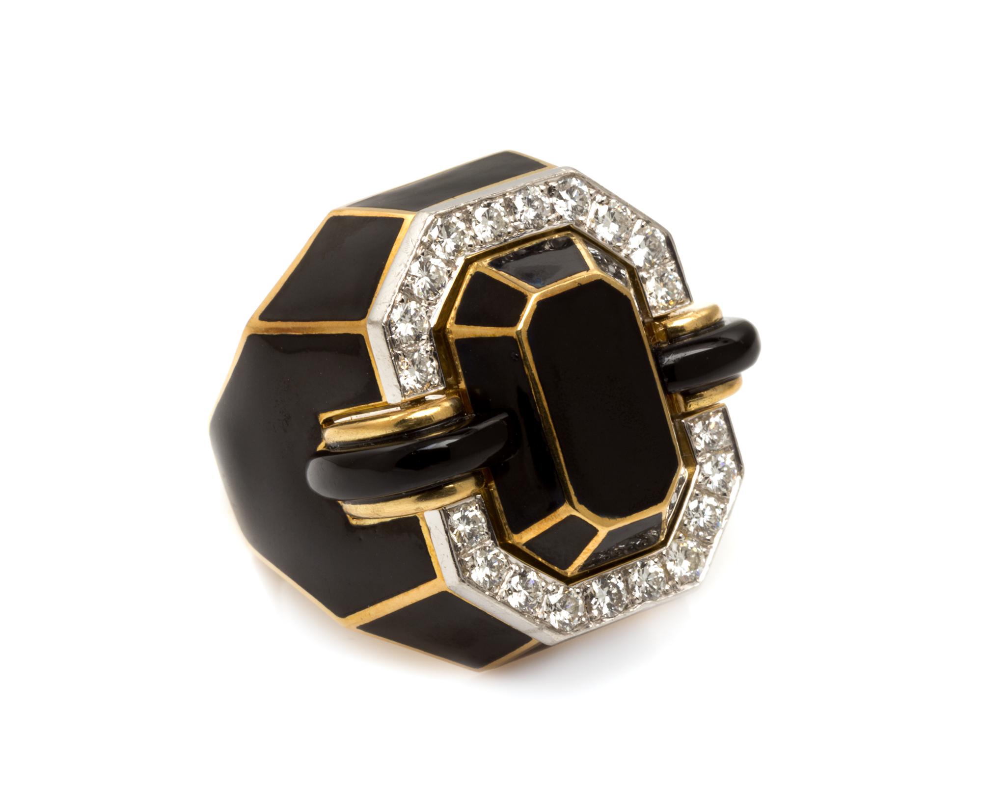 An 18 Karat Yellow Gold, Platinum, Enamel and Diamond Ring, 18.40 dwts.