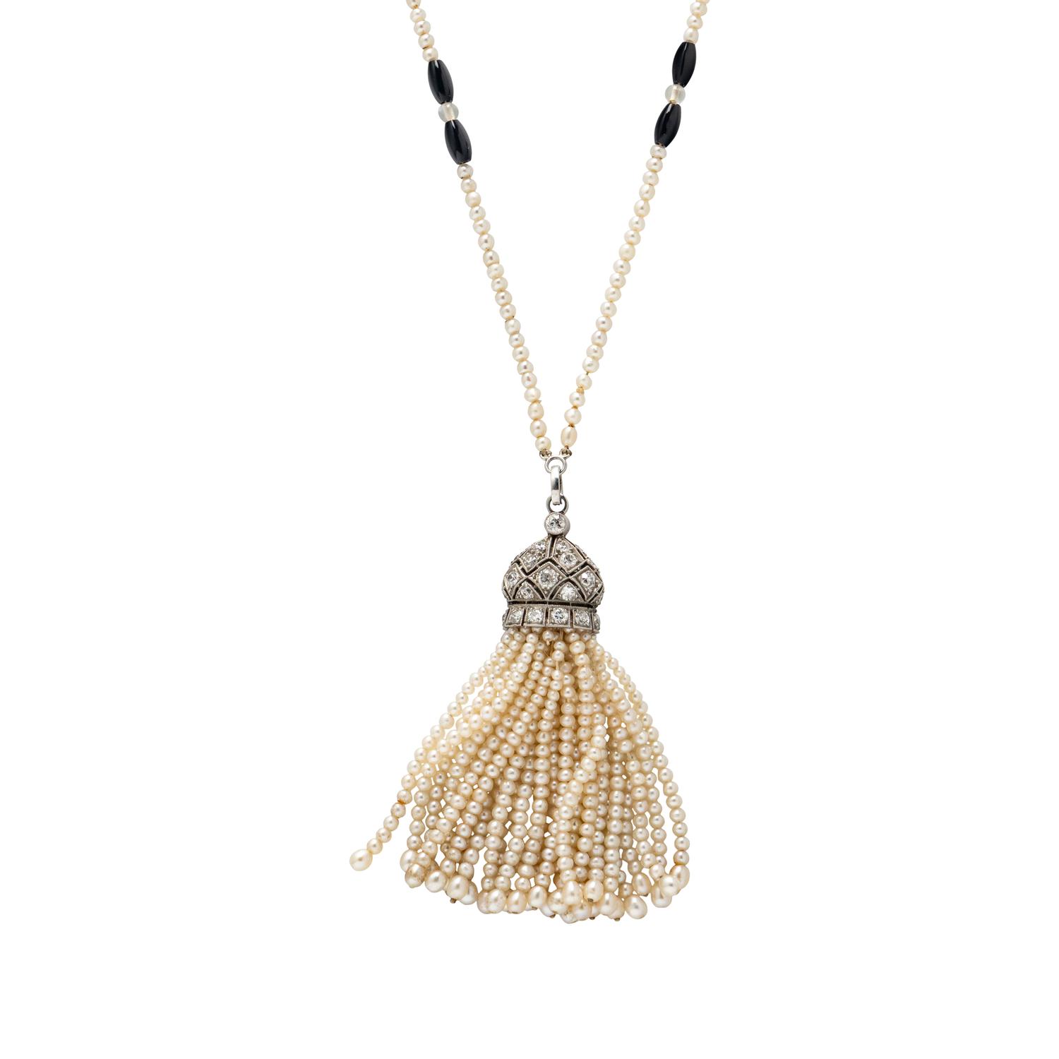 ART DECO, SEED PEARL, DIAMOND, AND ONYX TASSEL NECKLACE