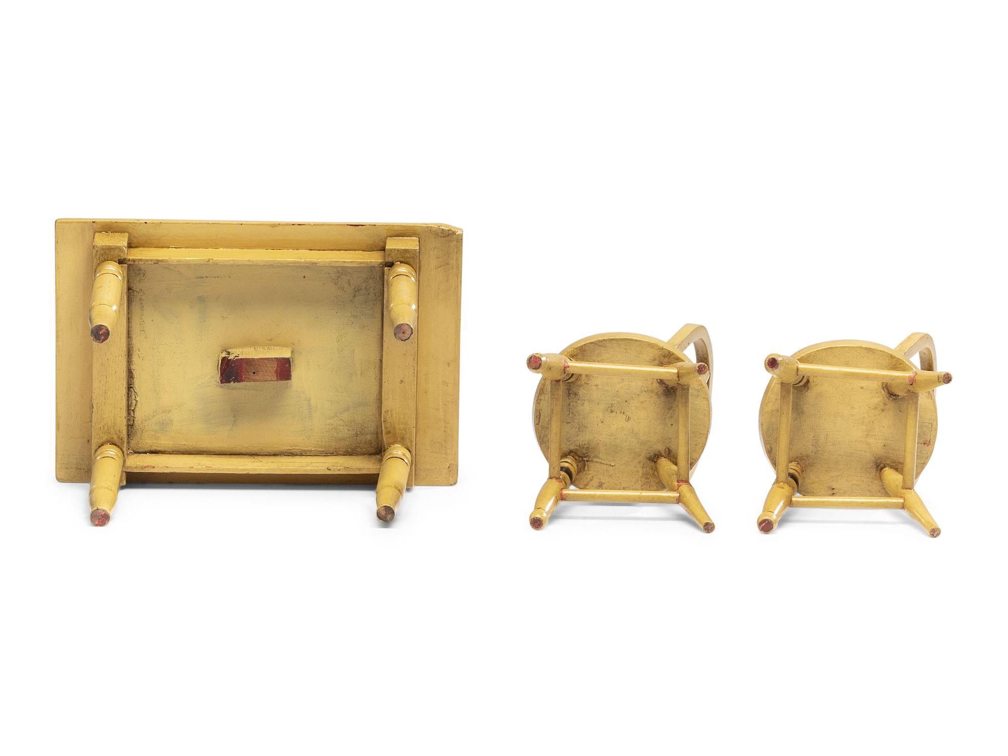 A Miniature Classical Yellow Painted and Stencil-Decorated Dining Table and Pair of Chairs