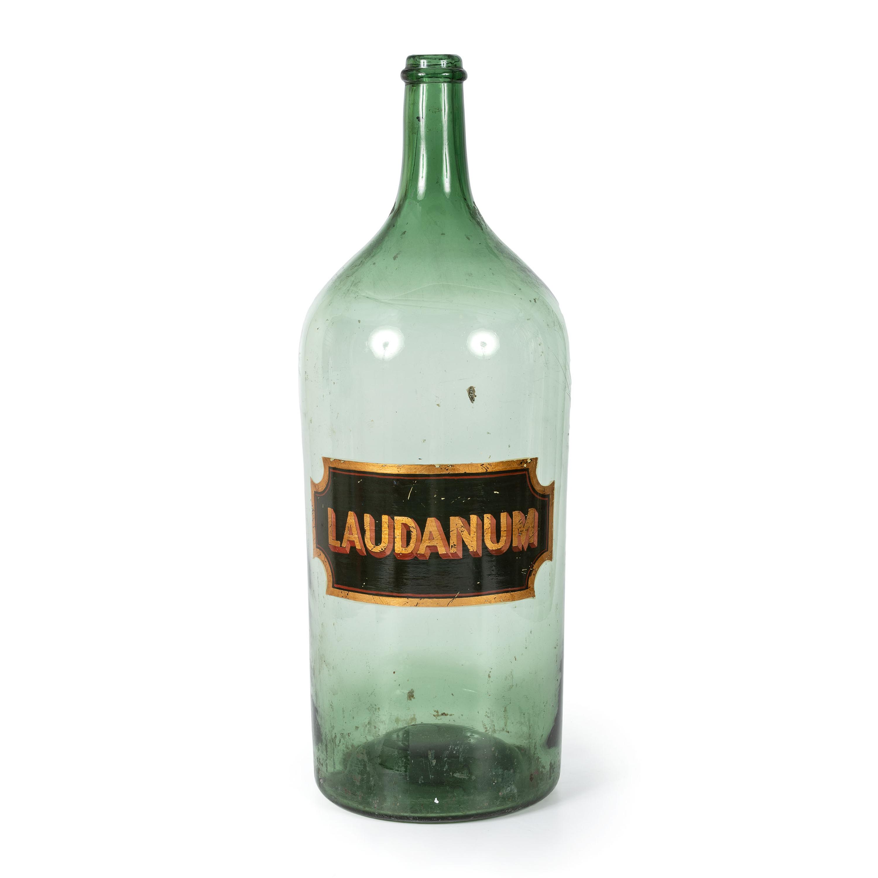 An English Painted Green Glass Laudanum Apothecary Jar