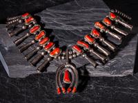 Navajo Silver and Coral Squash Blossom Necklace