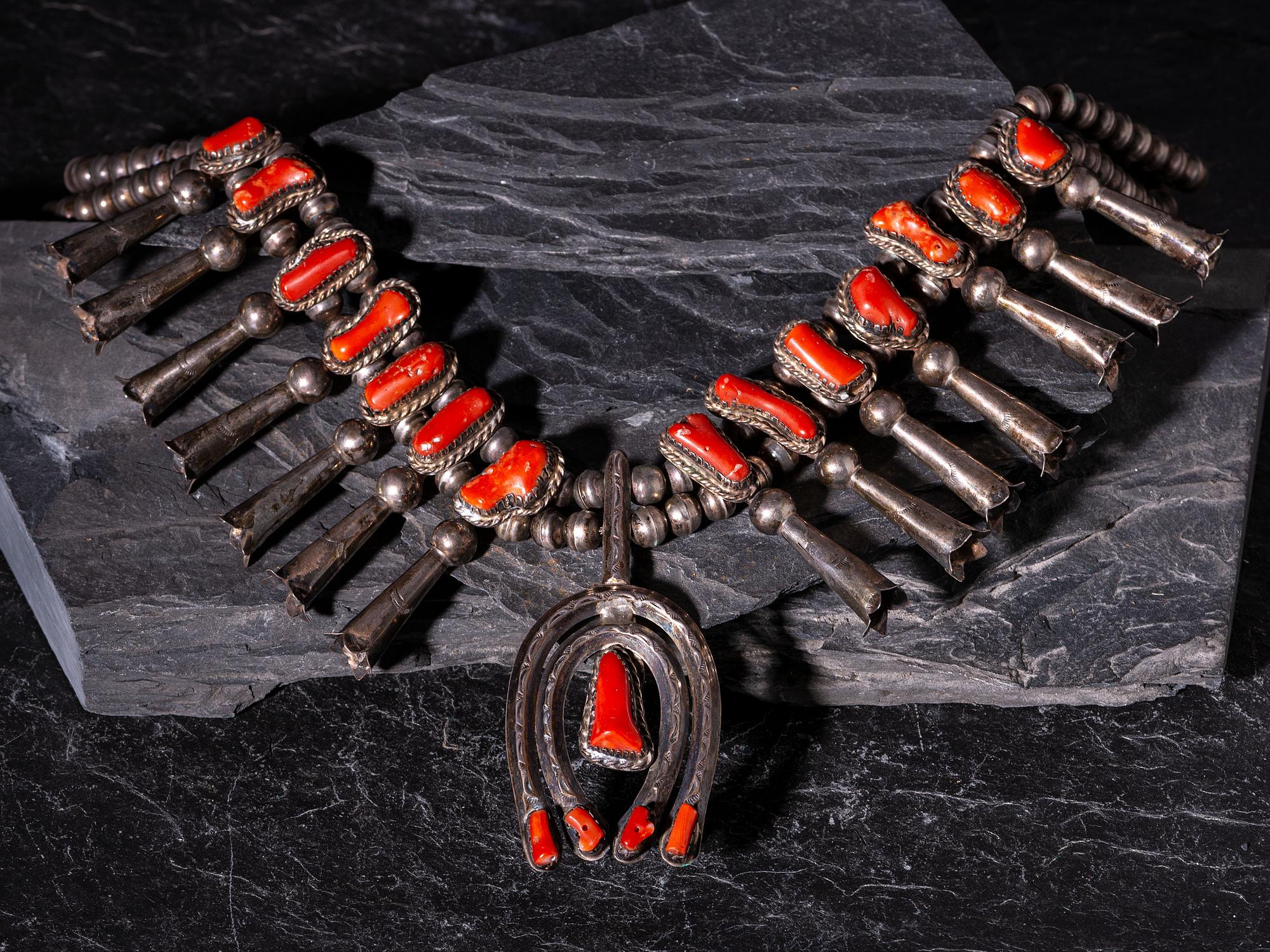 Navajo Silver and Coral Squash Blossom Necklace