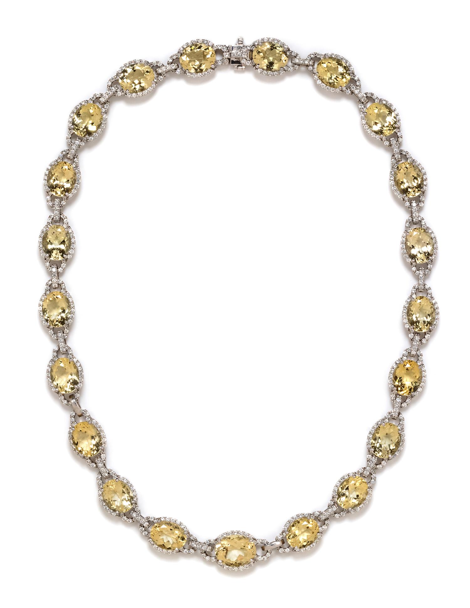 An 18 Karat White Gold, Heliodor and Diamond Necklace, 51.95 dwts.