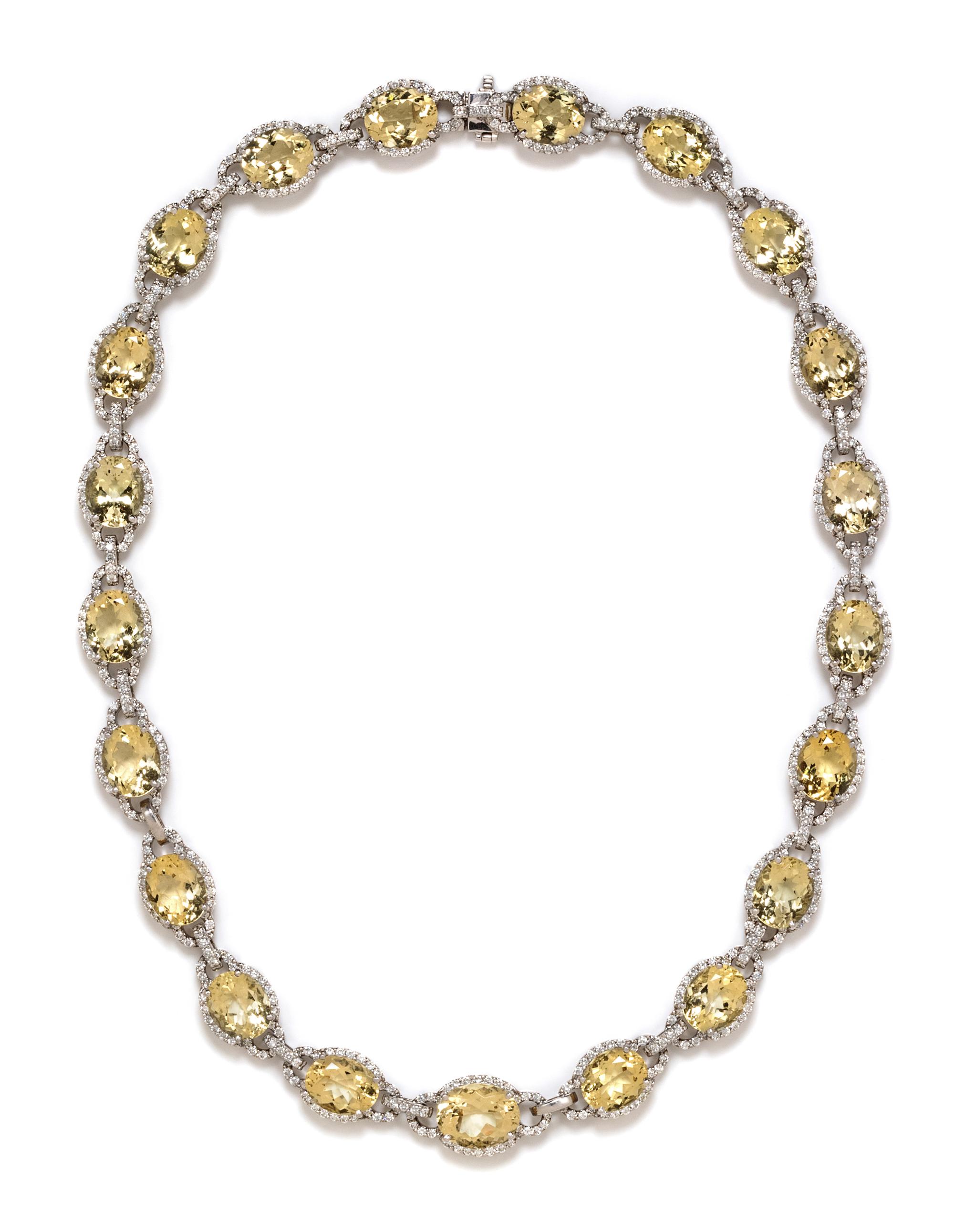 An 18 Karat White Gold, Heliodor and Diamond Necklace, 51.95 dwts.