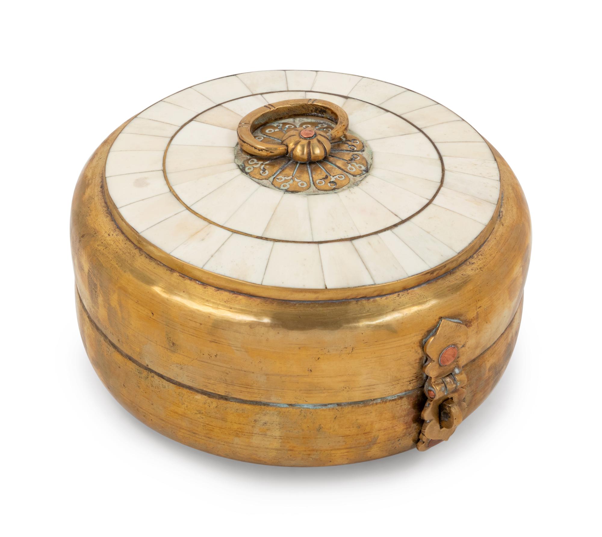 An Indian Bone Veneered Brass Table Casket