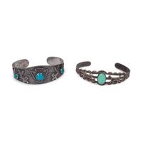 Pair of Fred Harvey Era Silver and Turquoise Cuff Bracelets, with Canine Motifs