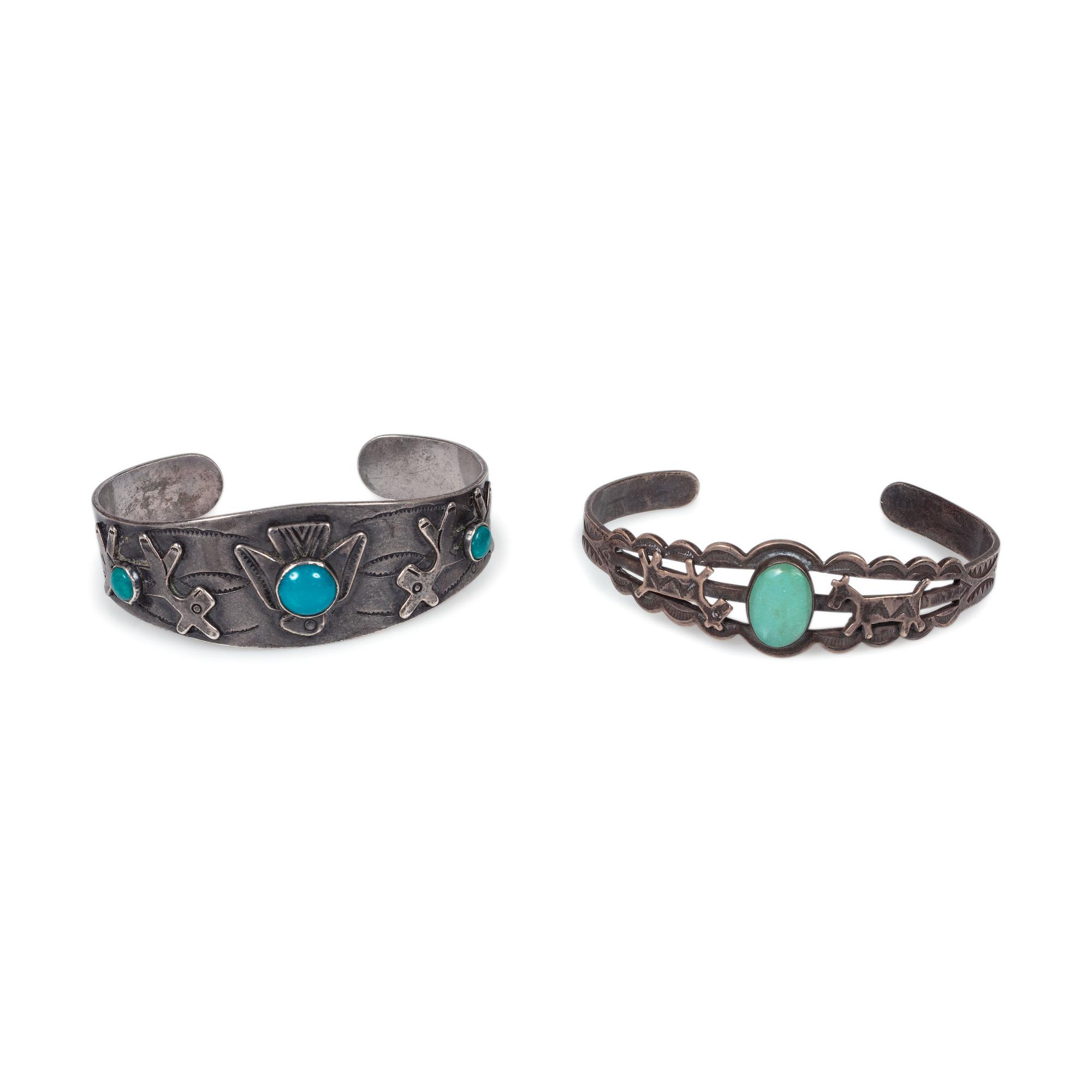Pair of Fred Harvey Era Silver and Turquoise Cuff Bracelets, with Canine Motifs