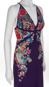A Roberto Cavalli Purple Floral Embellished Halter Gown, Clutch: 7.5" x 4.75" x 1".