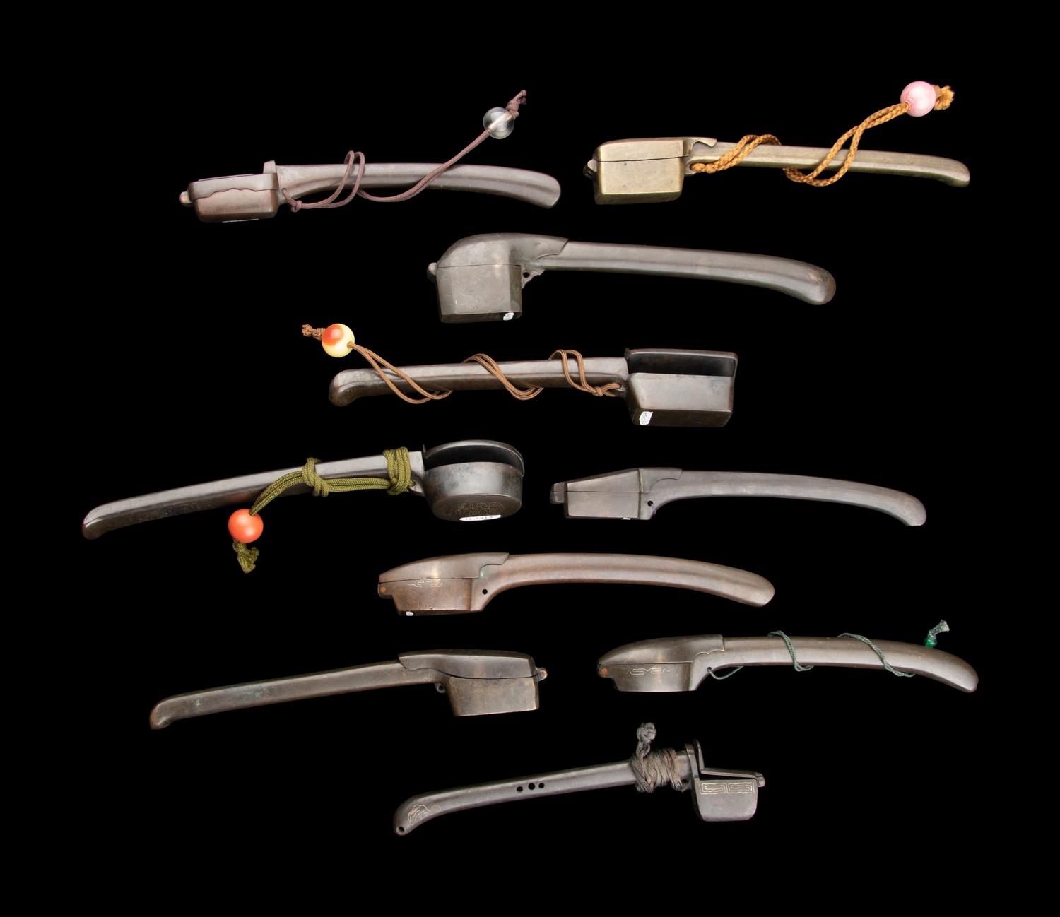 10 Japanese Silver Inlaid Bronze Portable Writing Sets, Yatate