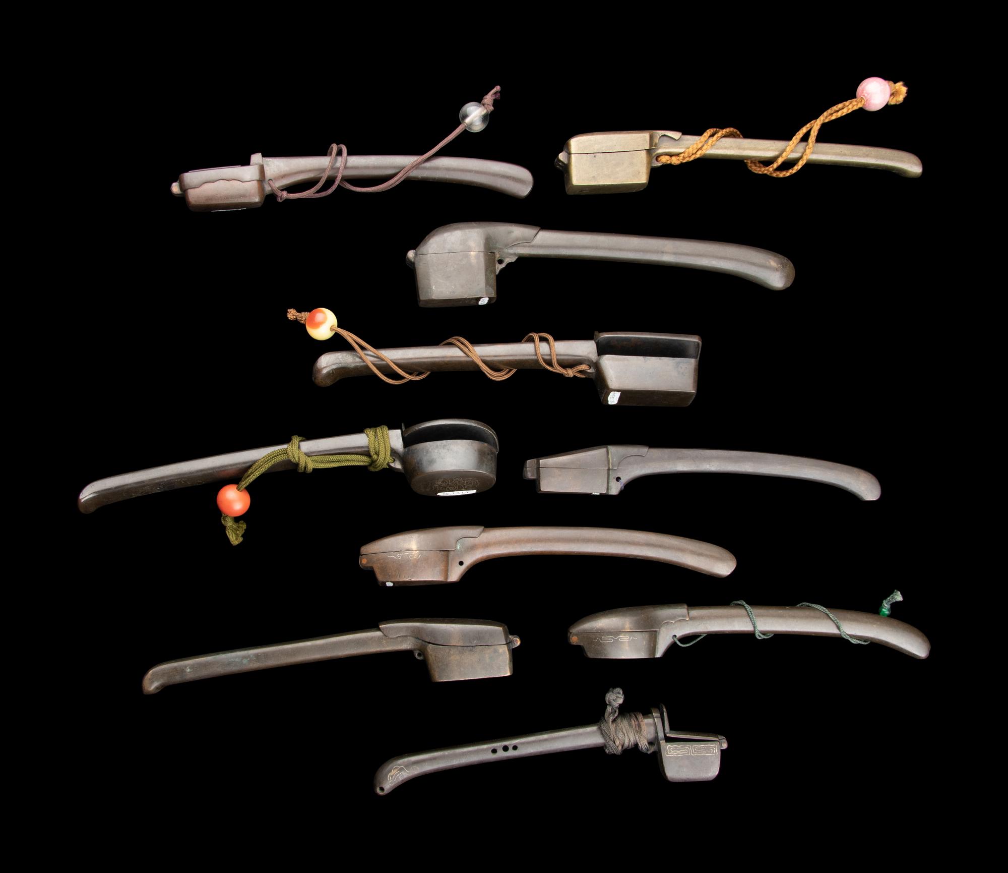 10 Japanese Silver Inlaid Bronze Portable Writing Sets, Yatate