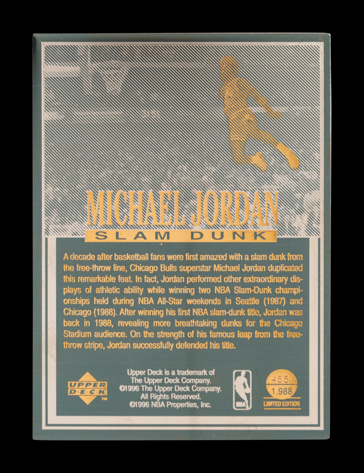 A 1996 Upper Deck Limited Edition Michael Jordan 24k Gold Nickel Silver Card (1988 Slam Dunk Champion),