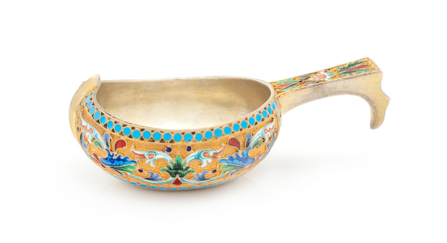 A Russian Silver-Gilt and Enamel Kovsh, Mark of Ivan Saltykov, Moscow, Late 19th Century, with polychrome enameled floral and foliate d